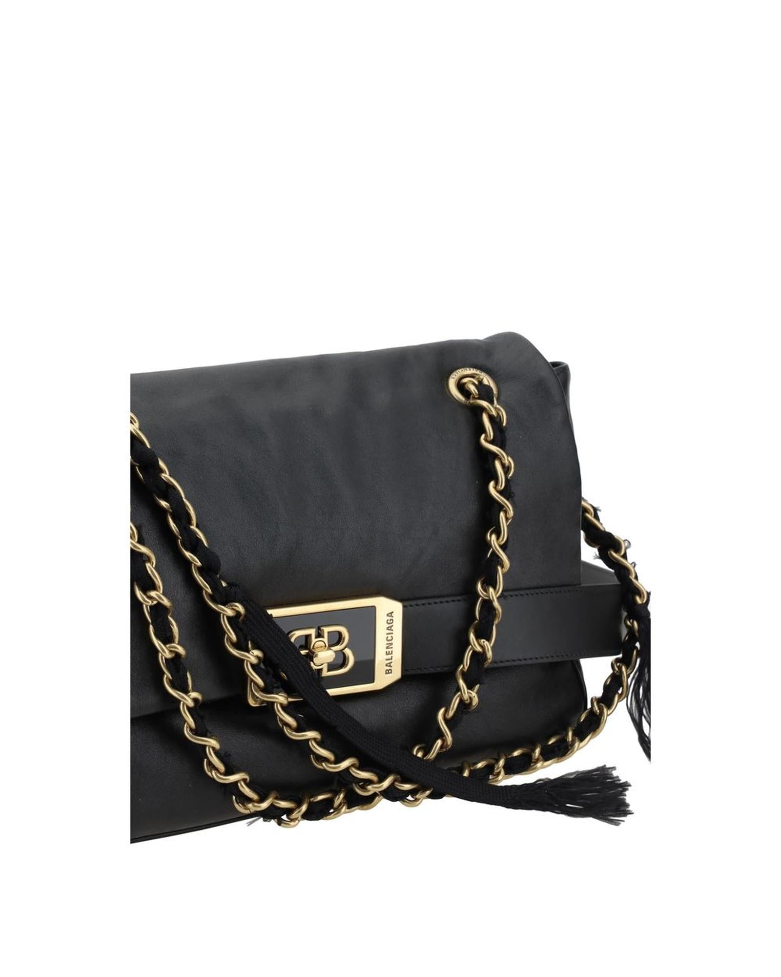 Balenciaga Modu Flap Shoulder Bag with Adjustable Chain Handle and Plaque Twist Closure Women Black