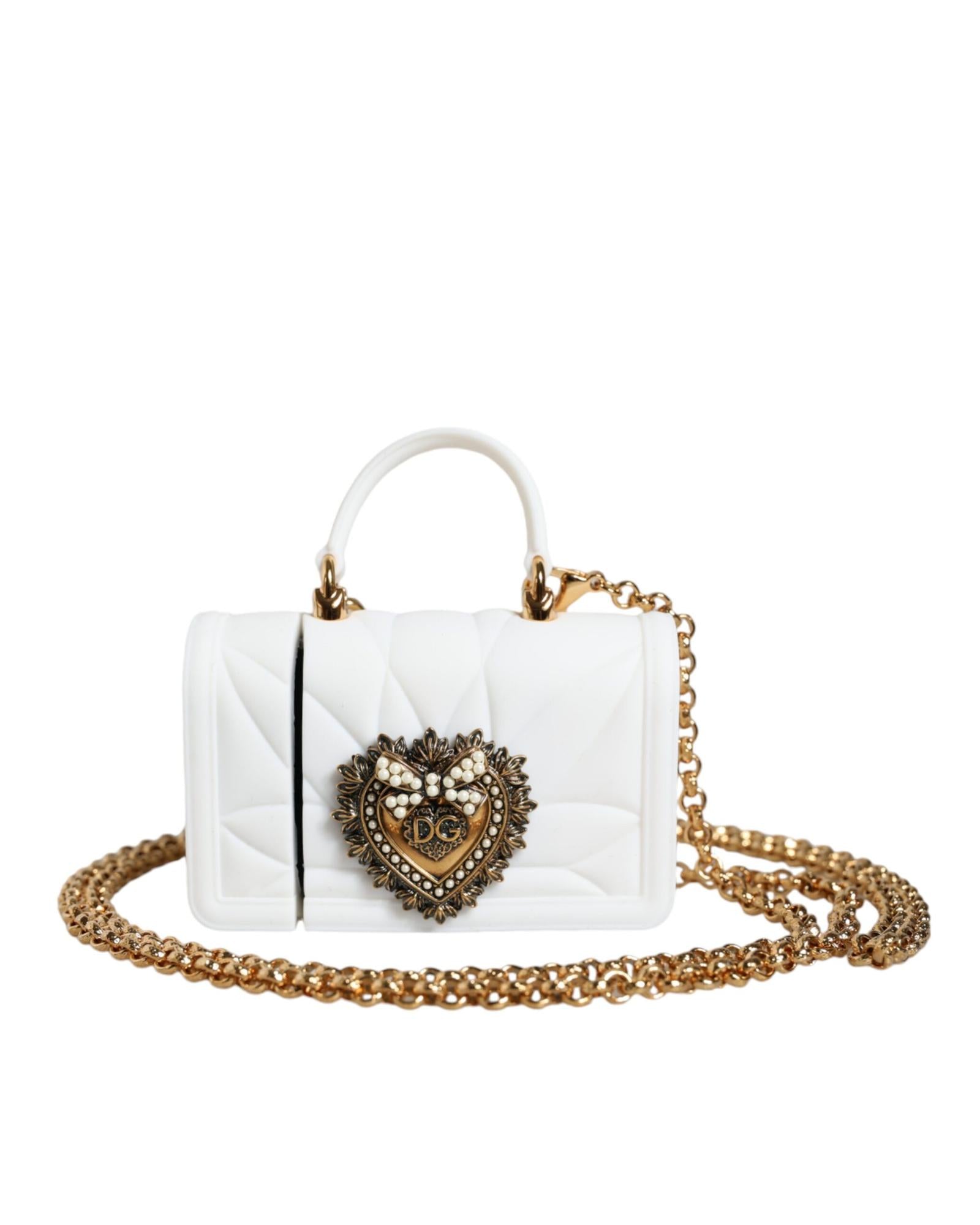 Dolce & Gabbana  Devotion Airpods Pro Case White  White Silicone Airpods Pro Case with Gold-Tone Chain  Designer Airpods Pro Case for Women Luxury Quilted Airpods Pro Case with Heart Embellishment