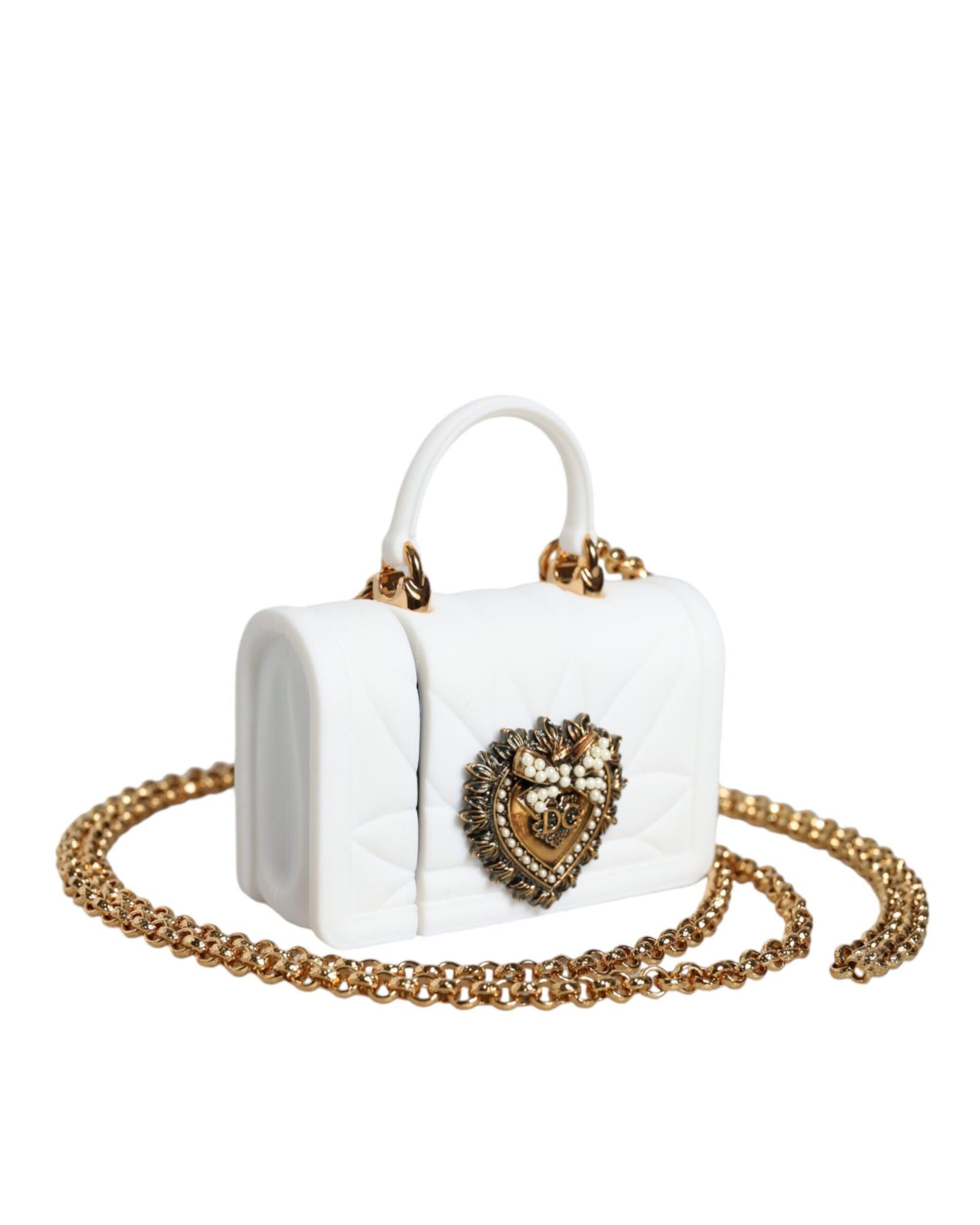 Dolce & Gabbana  Devotion Airpods Pro Case White  White Silicone Airpods Pro Case with Gold-Tone Chain  Designer Airpods Pro Case for Women Luxury Quilted Airpods Pro Case with Heart Embellishment