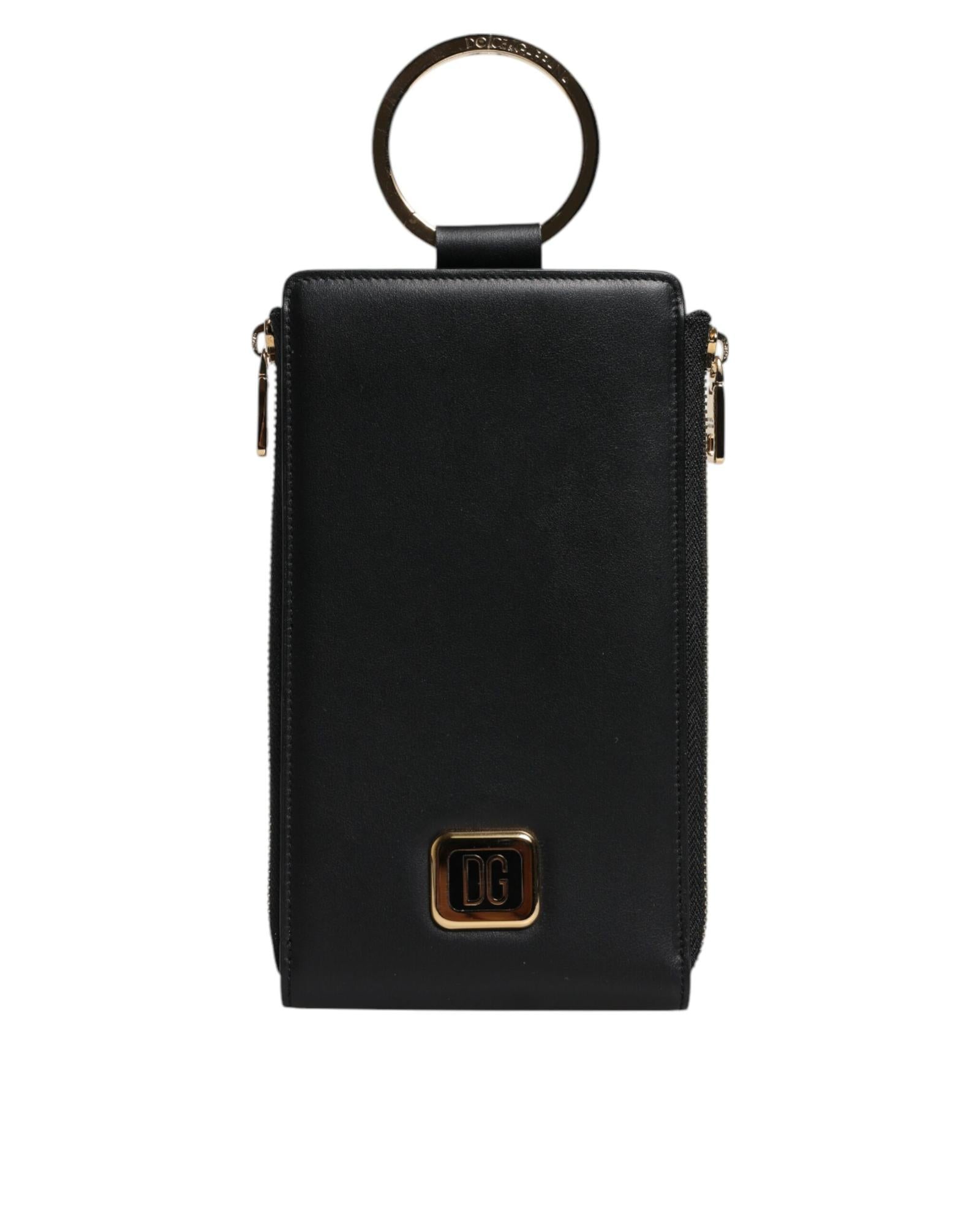 Dolce & Gabbana Leather Logo Plaque Neck Strap Card Coin Wallet with Zipper Closure