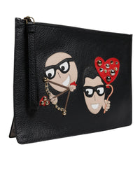 Dolce & Gabbana Leather Clutch with Appliqus Women Black Clutch Bags