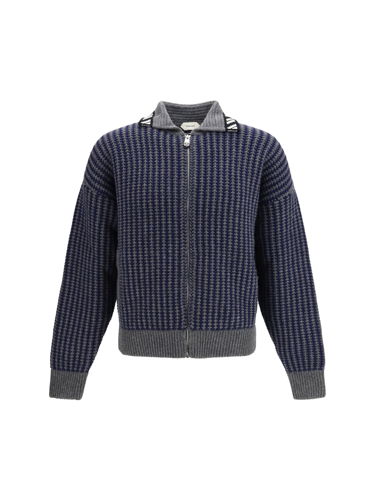 Versace Men Intarsia Wool Knit Zip Cardigan