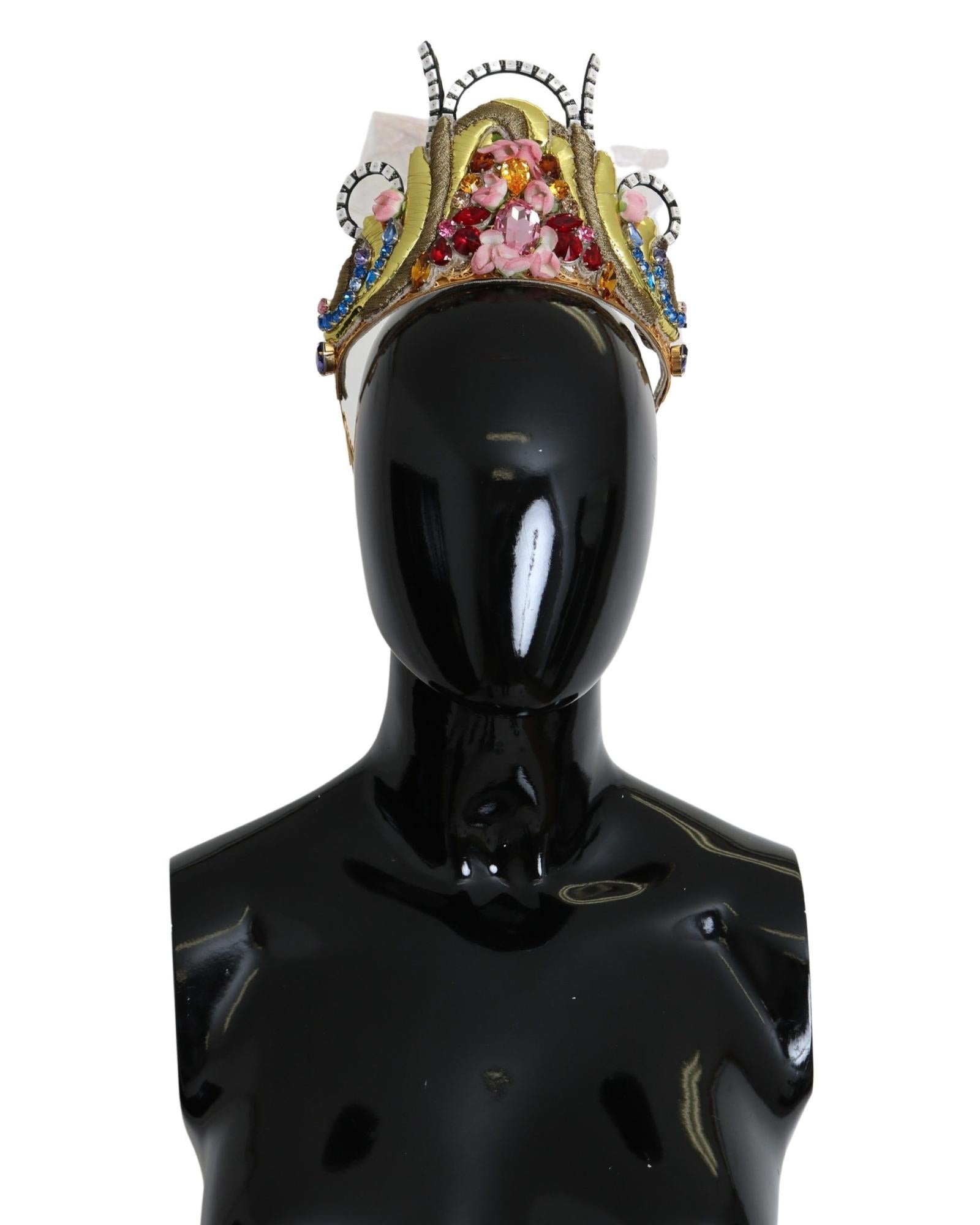Dolce & Gabbana Gold-Tone Crown with Rhinestones Fabric Flowers and Crystals