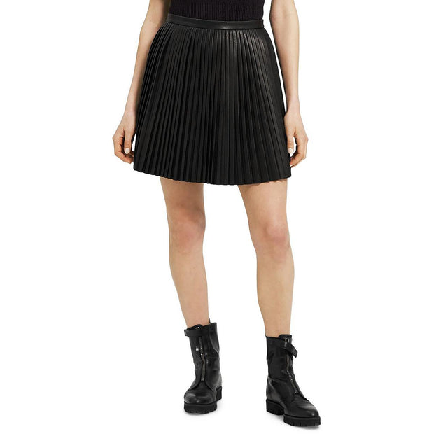 Womens Lambskin Leather Mini Pleated Skirt
