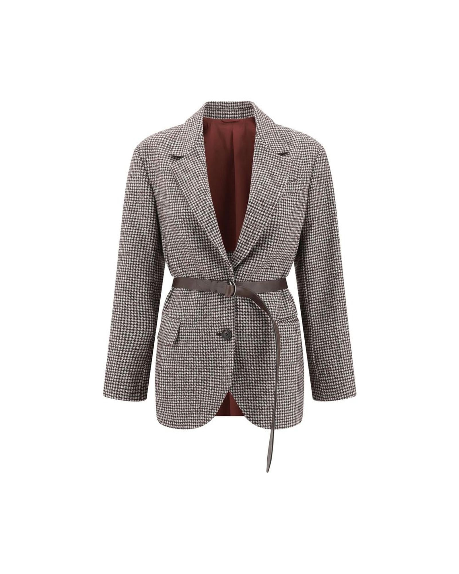 Brunello Cucinelli Houndstooth Belted Blazer Women Brown Jackets & Coats