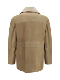 Brunello Cucinelli Men Curly Suede Shearling Pea Coat With Shawl Collar