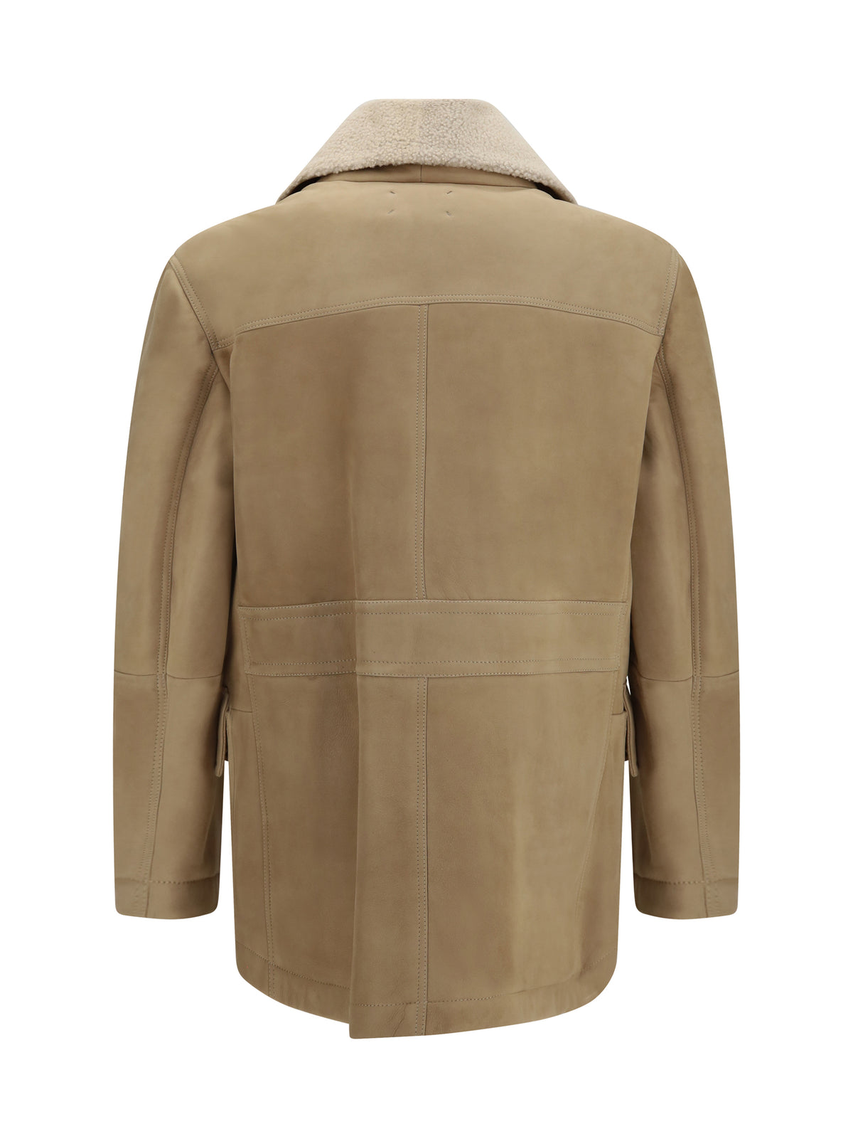 Brunello Cucinelli Men Curly Suede Shearling Pea Coat With Shawl Collar