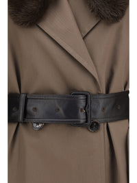 Burberry Women Long Cotton Trench Coat With Buffalo Leather Collar