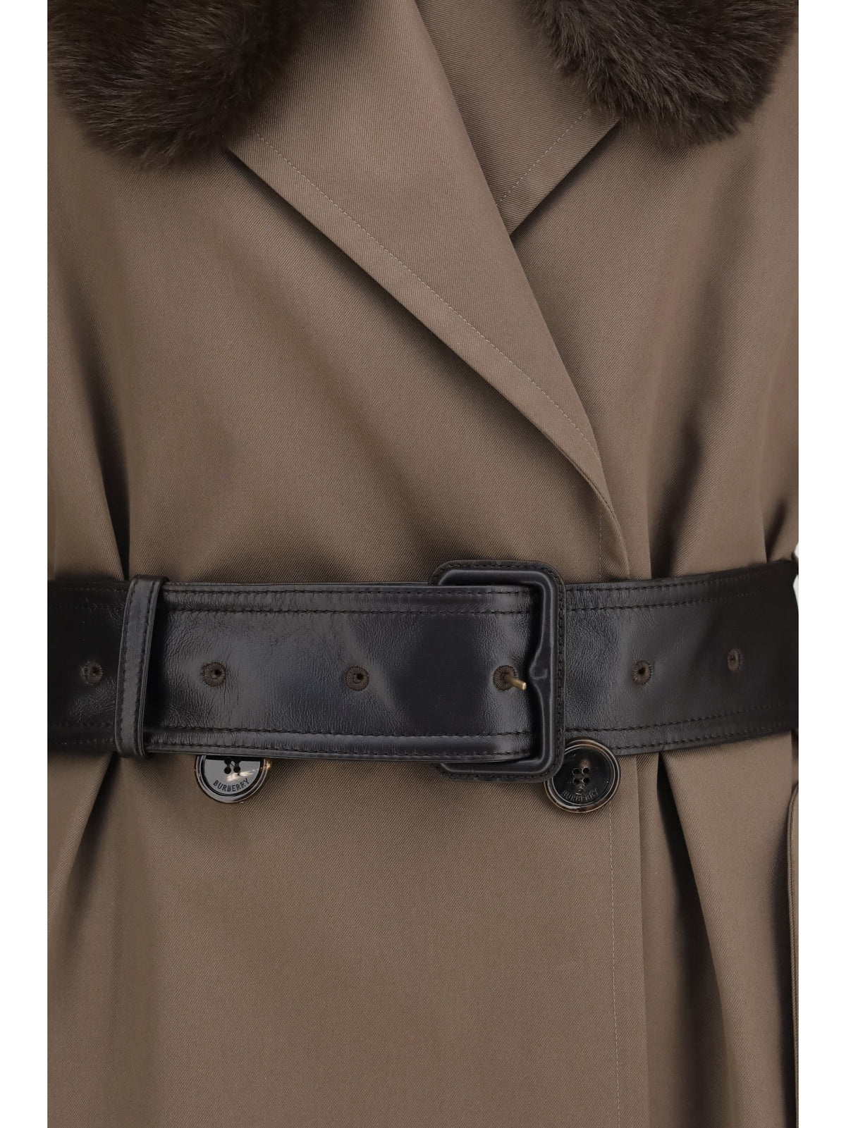 Burberry Women Long Cotton Trench Coat With Buffalo Leather Collar