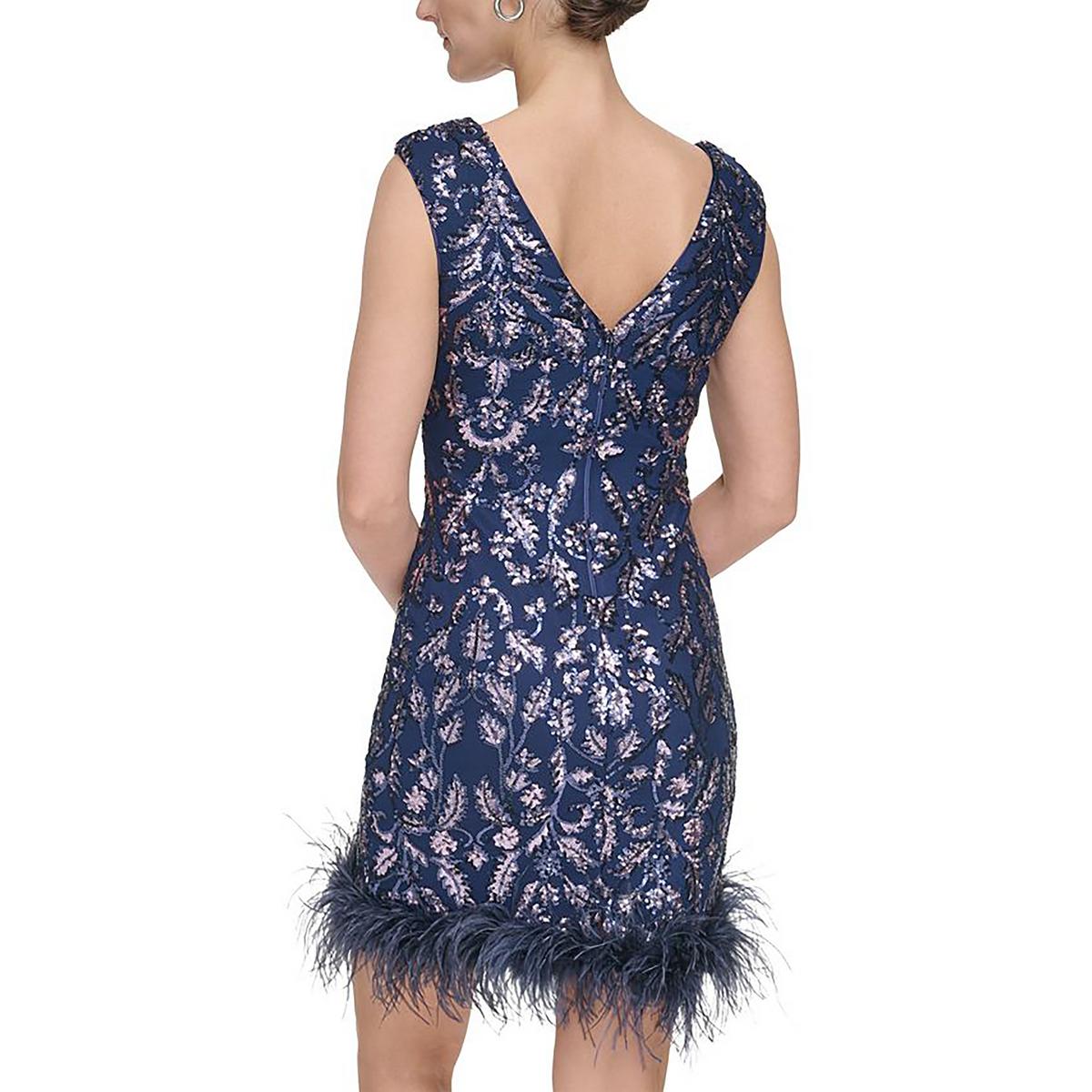 Petites Womens Sequined Feathered Sheath Dress