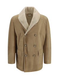Brunello Cucinelli Men Curly Suede Shearling Pea Coat With Shawl Collar