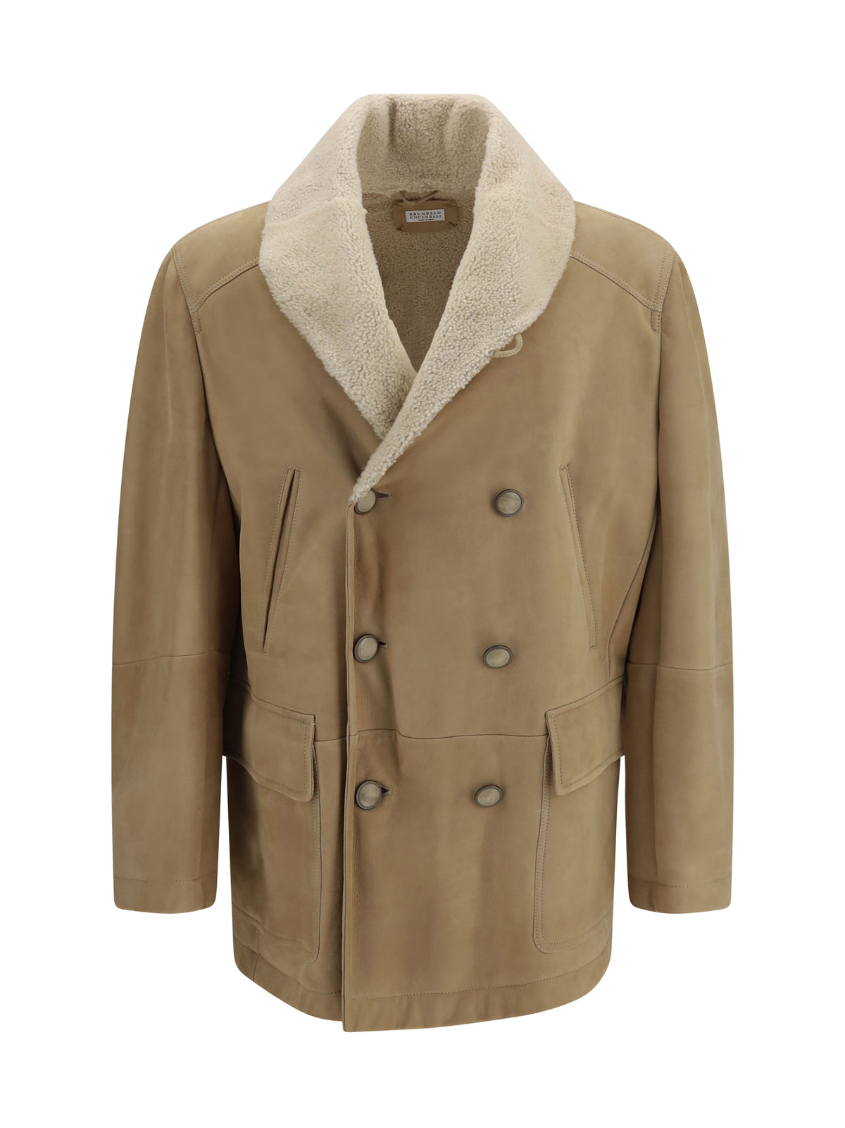 Brunello Cucinelli Men Curly Suede Shearling Pea Coat With Shawl Collar