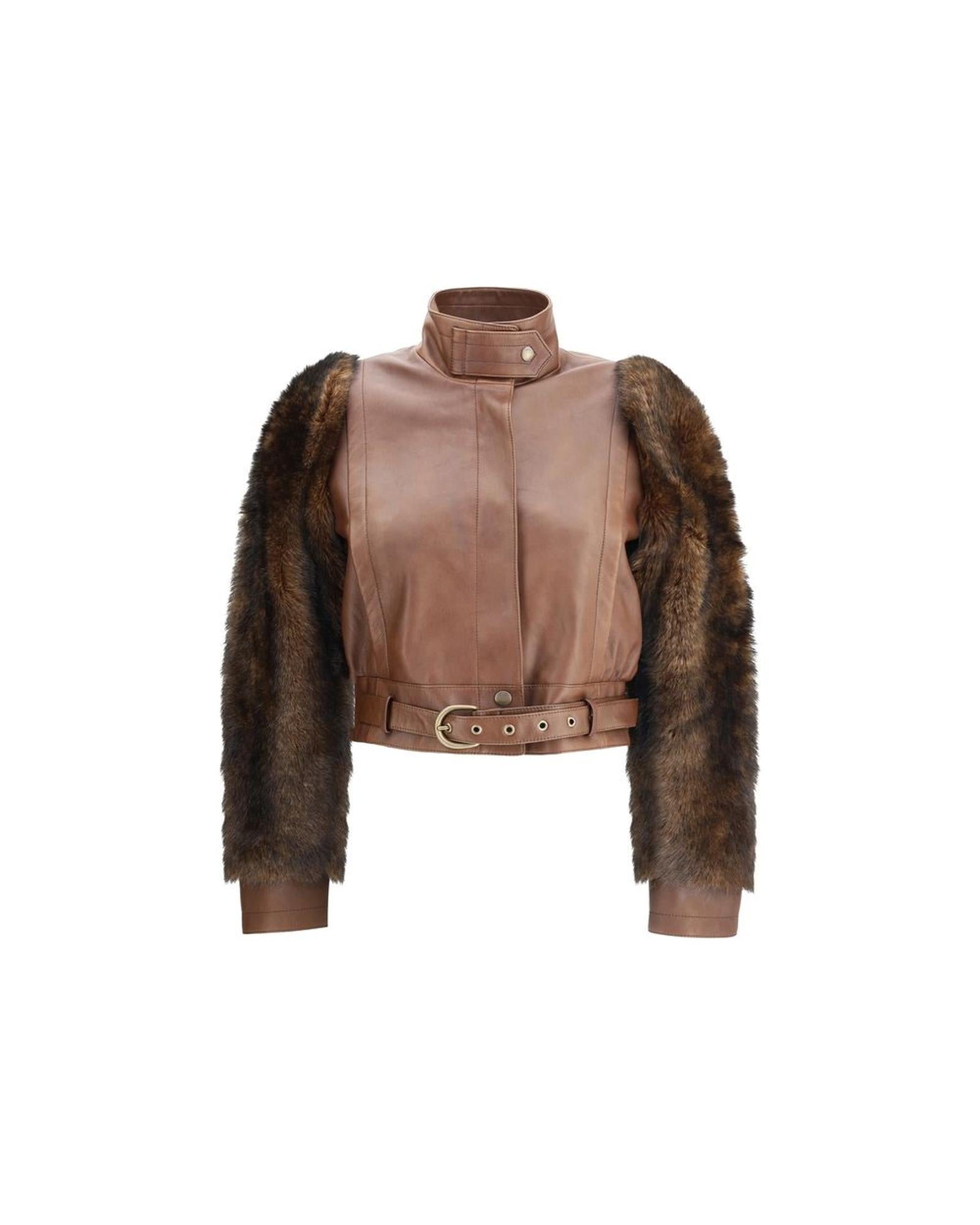 Chloe Leather Fur Sleeves Jacket Women Brown Jackets & Coats