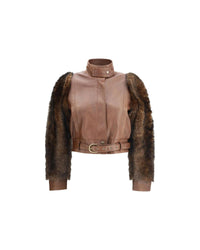 Chloe Leather Fur Sleeves Jacket Women Brown Jackets & Coats