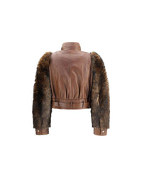 Chloe Leather Fur Sleeves Jacket Women Brown Jackets & Coats