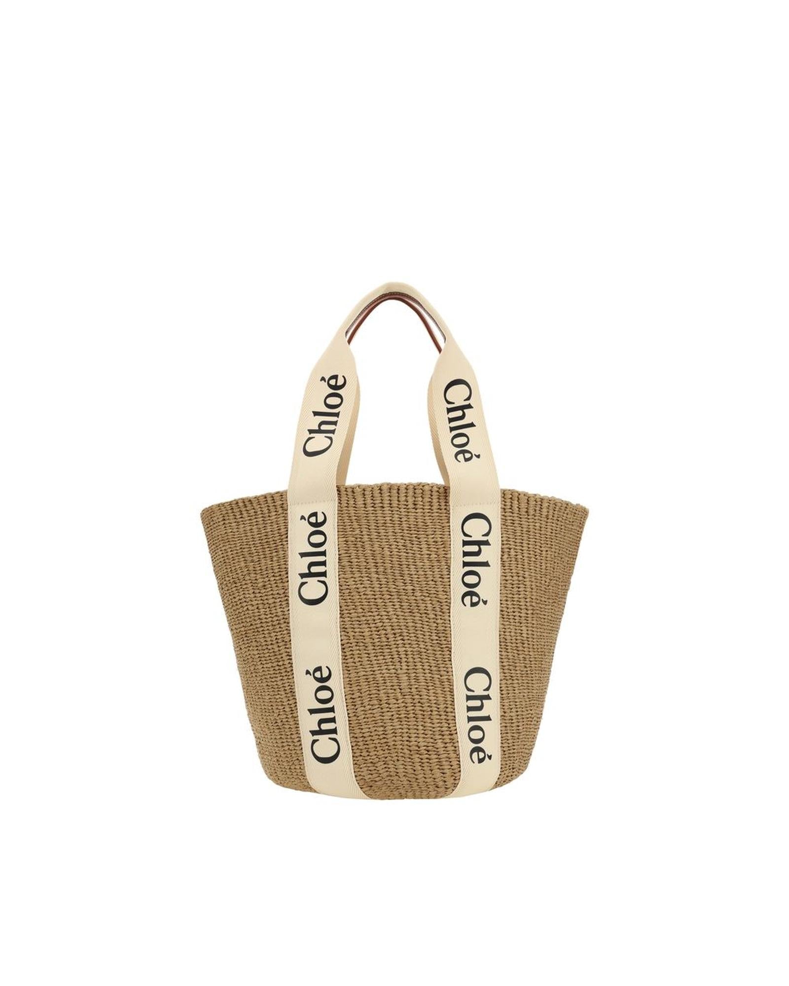 Chloe Raffia Tote Bag with Leather Trim and Adjustable Buckle Closure Women Brown Shoulder Bags