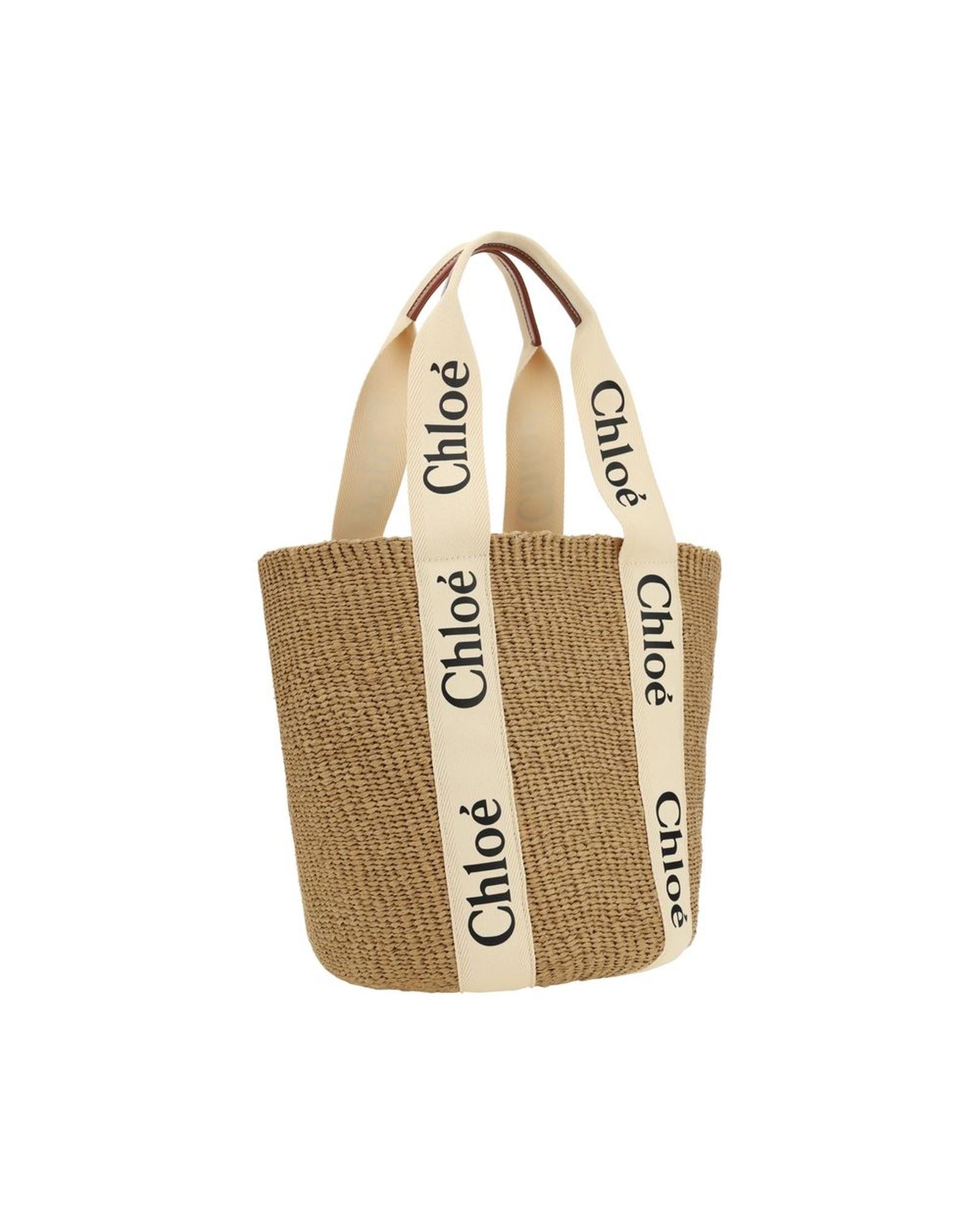 Chloe Raffia Tote Bag with Leather Trim and Adjustable Buckle Closure Women Brown Shoulder Bags