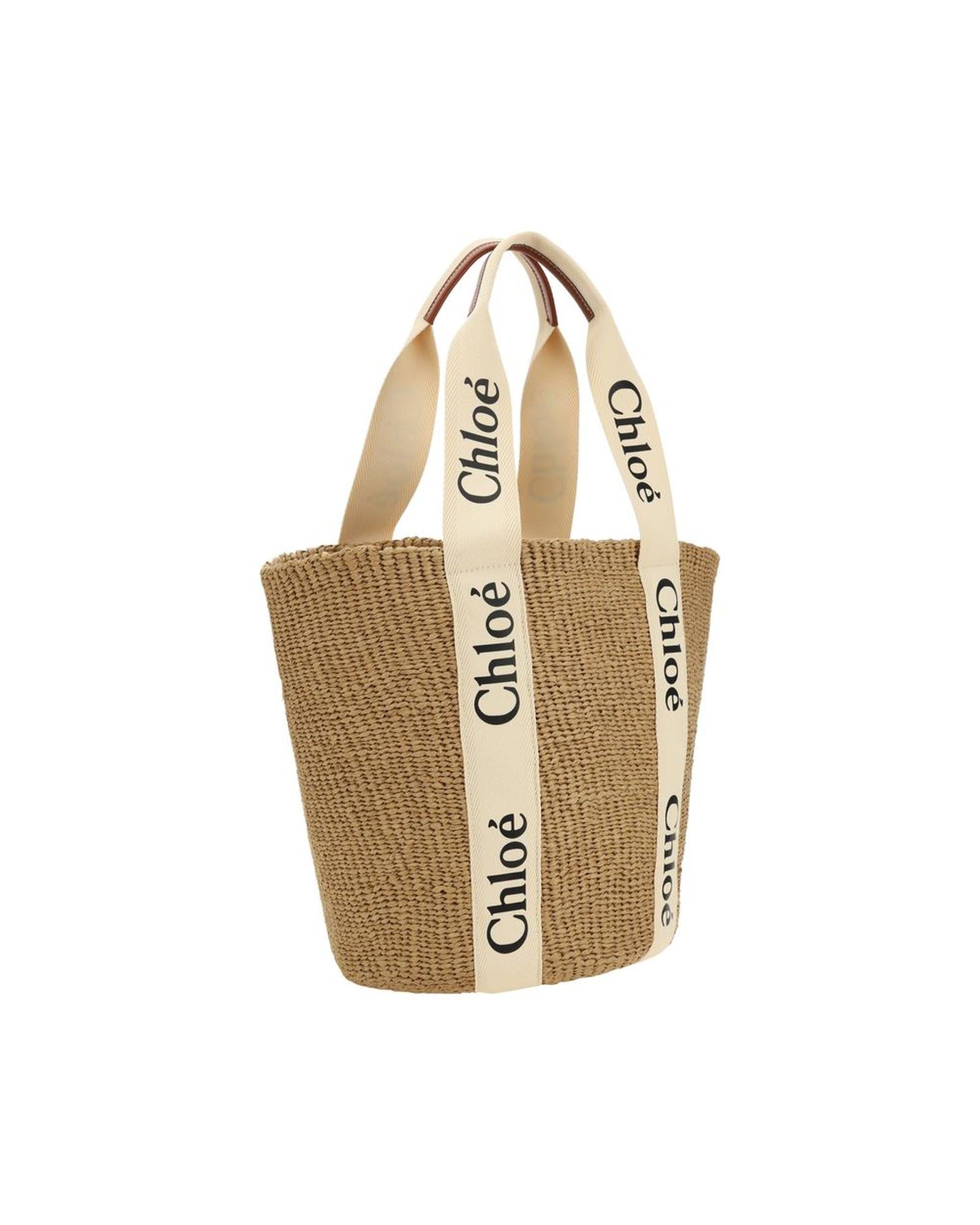 Chloe Raffia Tote Bag with Leather Trim and Adjustable Buckle Closure Women Brown Shoulder Bags