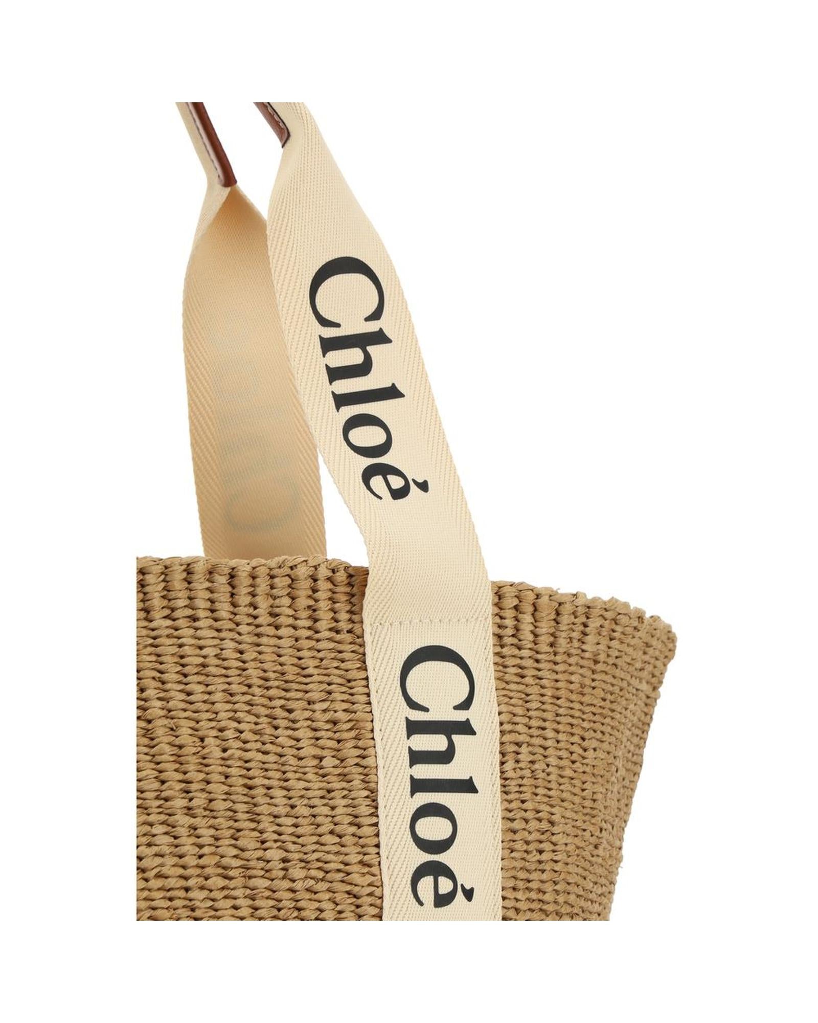 Chloe Raffia Tote Bag with Leather Trim and Adjustable Buckle Closure Women Brown Shoulder Bags
