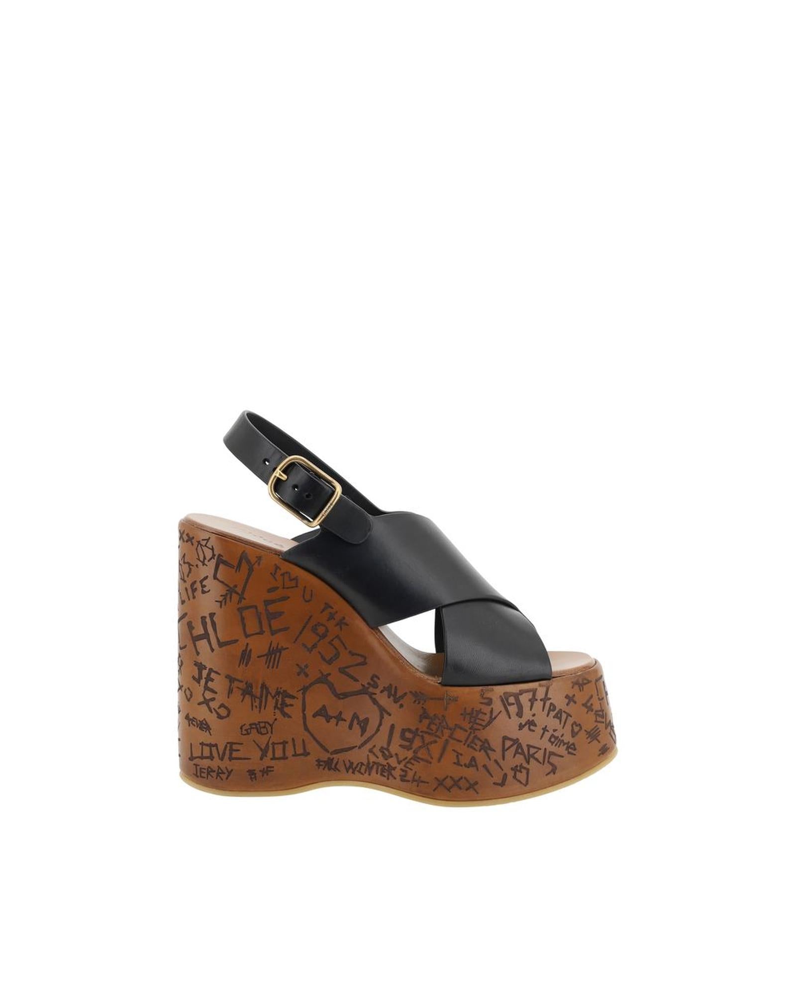 Chloe Wedge Sandals Leather Casual Style Women Black
