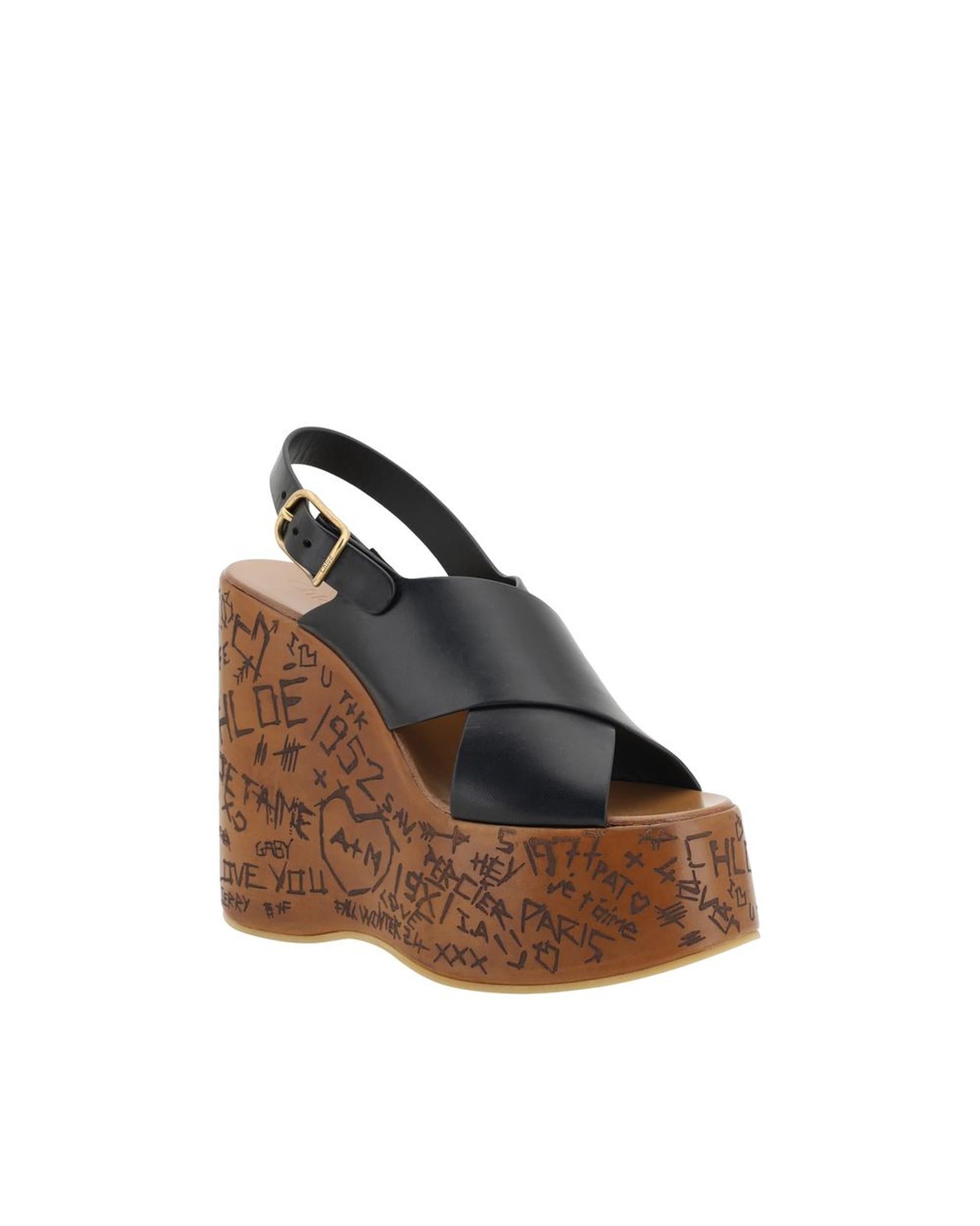Chloe Wedge Sandals Leather Casual Style Women Black