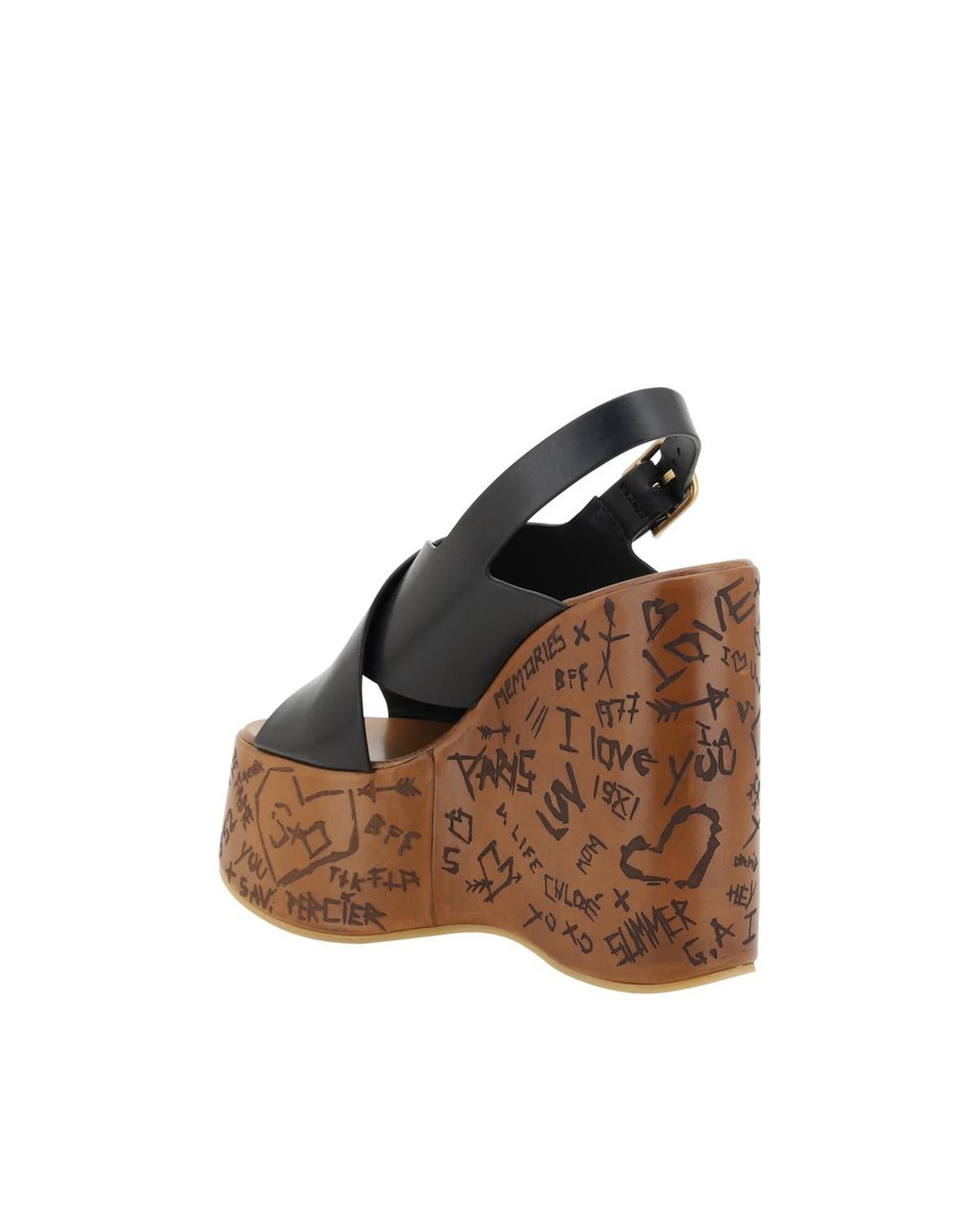 Chloe Wedge Sandals Leather Casual Style Women Black