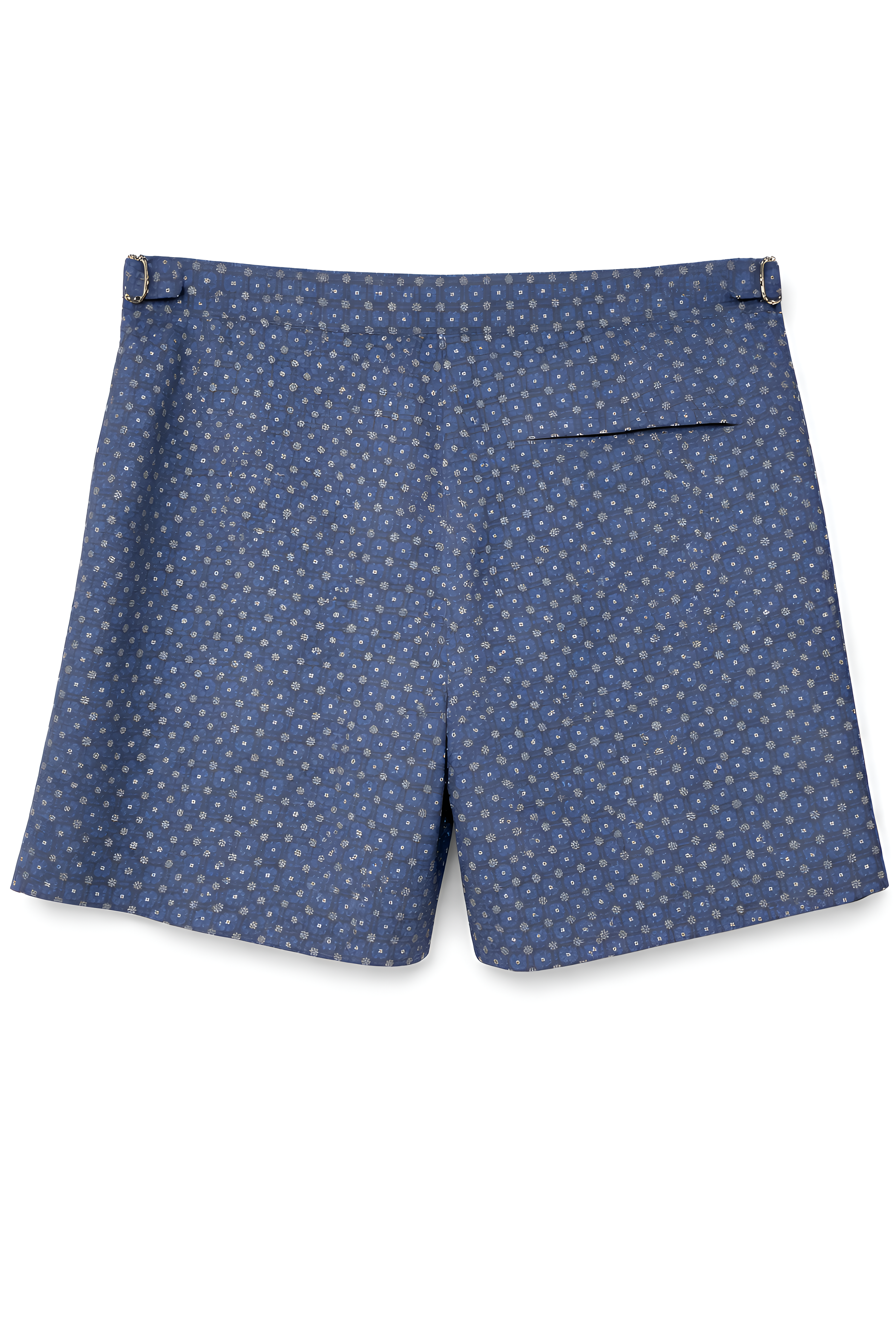 Brunello Cucinelli Mens Swim Patterned Shorts in Navy With Side Adjusters