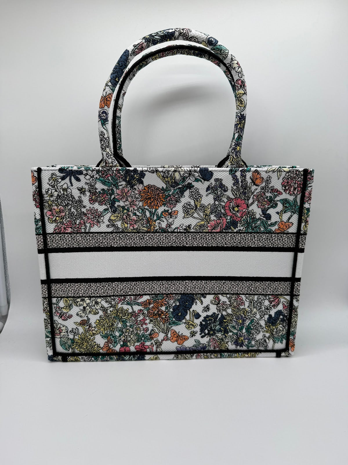 DIOR BOOK TOTE MEDIUM - Embroidery Latte Multicolor Butterflies & Iris