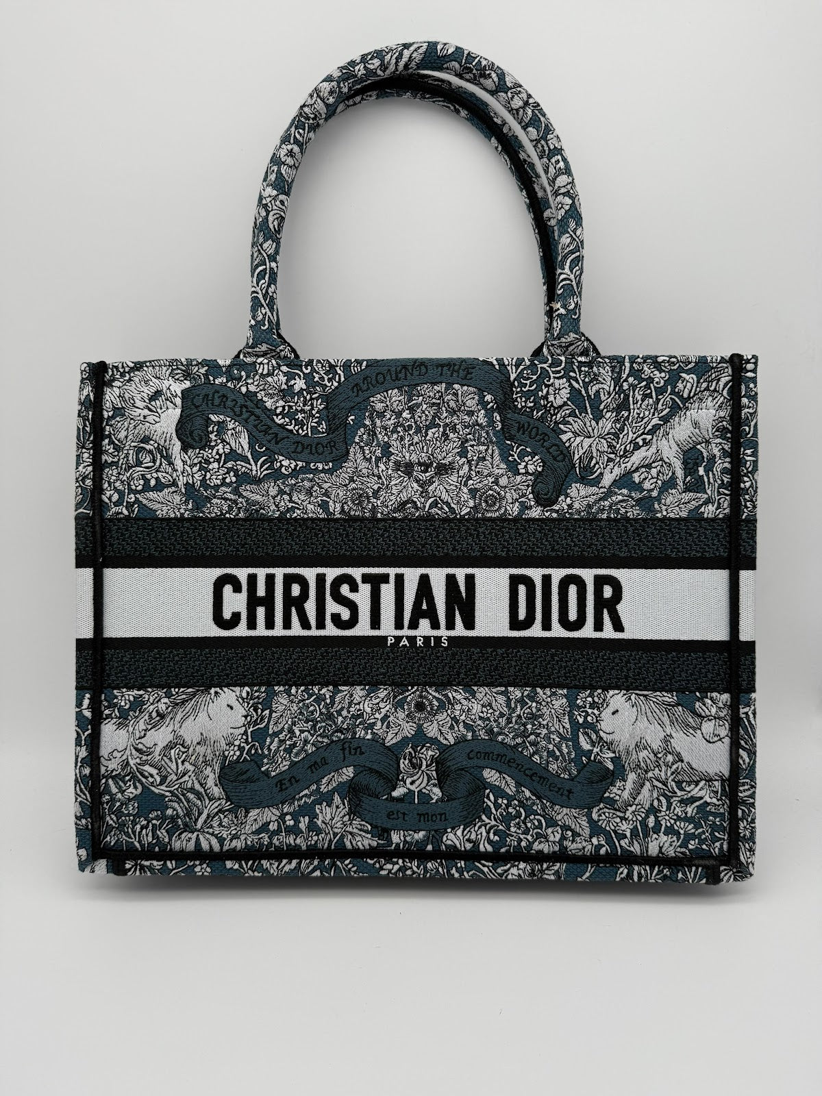 DIOR BOOK TOTE MEDIUM M1296 - Blue Embroidery with White Dior Around The World