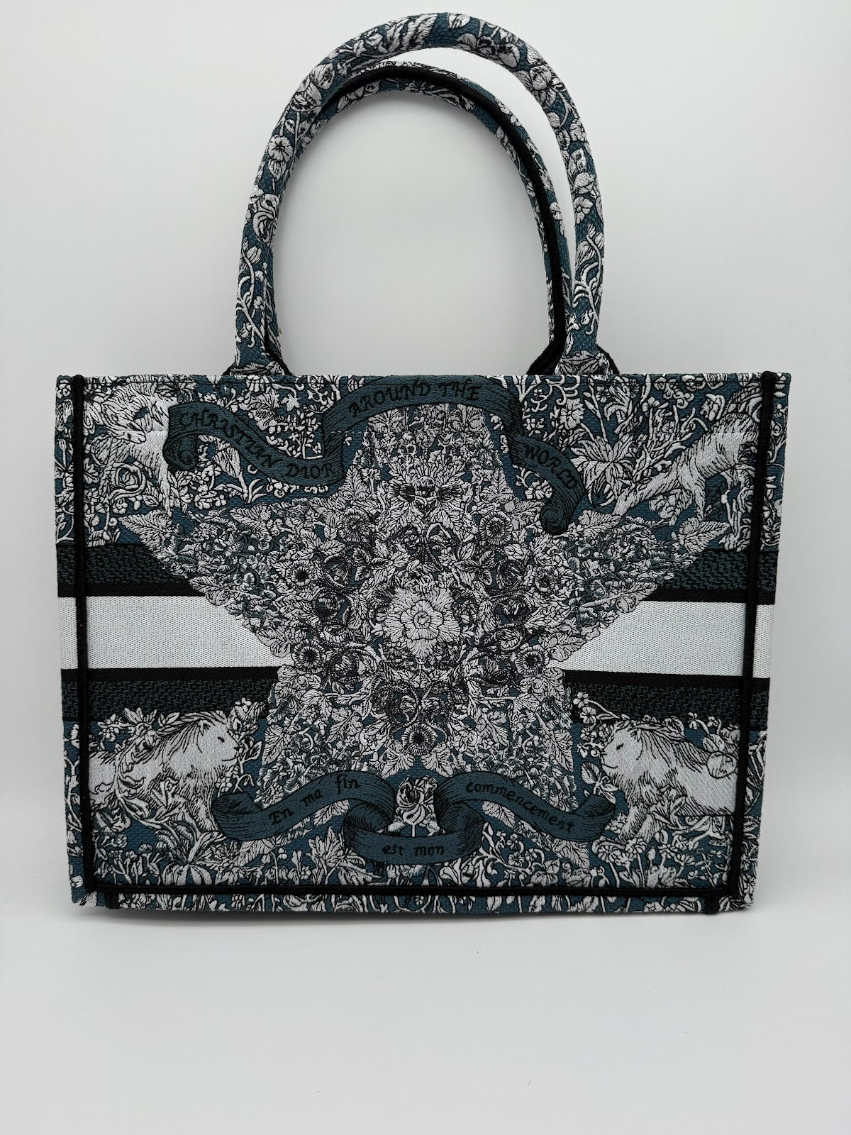 DIOR BOOK TOTE MEDIUM M1296 - Blue Embroidery with White Dior Around The World