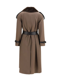 Burberry Women Long Cotton Trench Coat With Buffalo Leather Collar