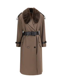 Burberry Women Long Cotton Trench Coat With Buffalo Leather Collar