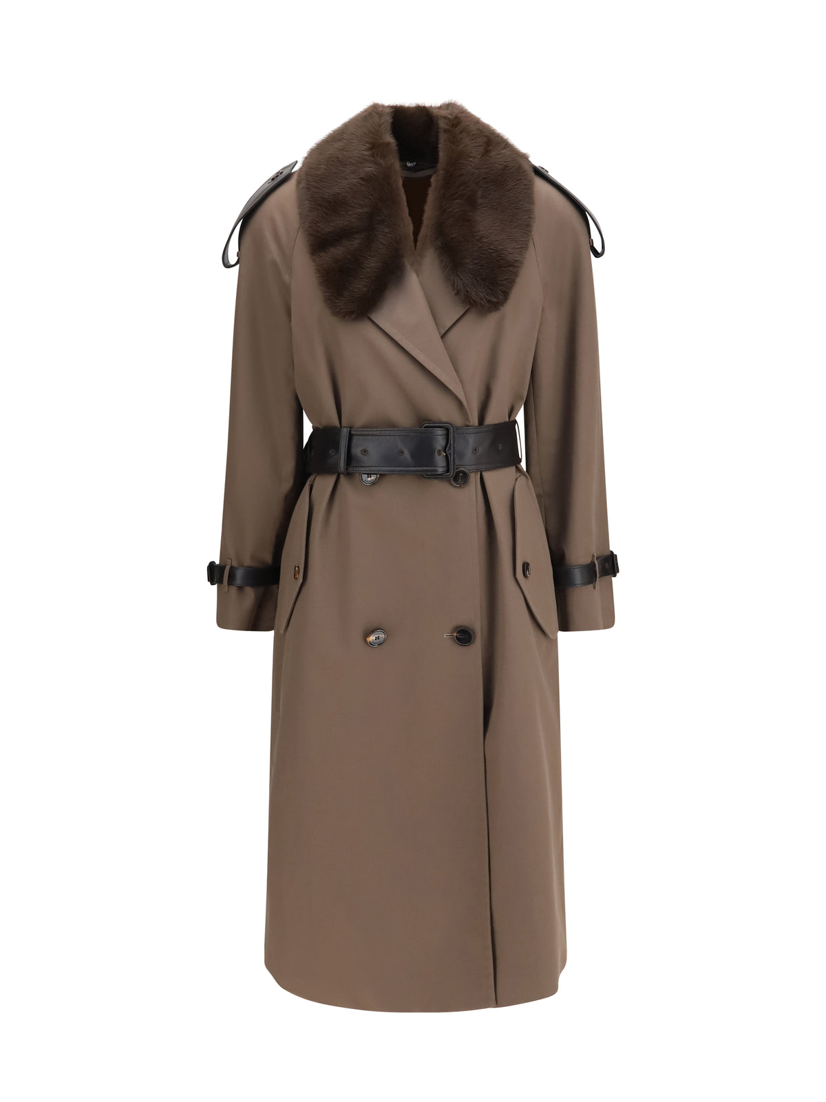 Burberry Women Long Cotton Trench Coat With Buffalo Leather Collar