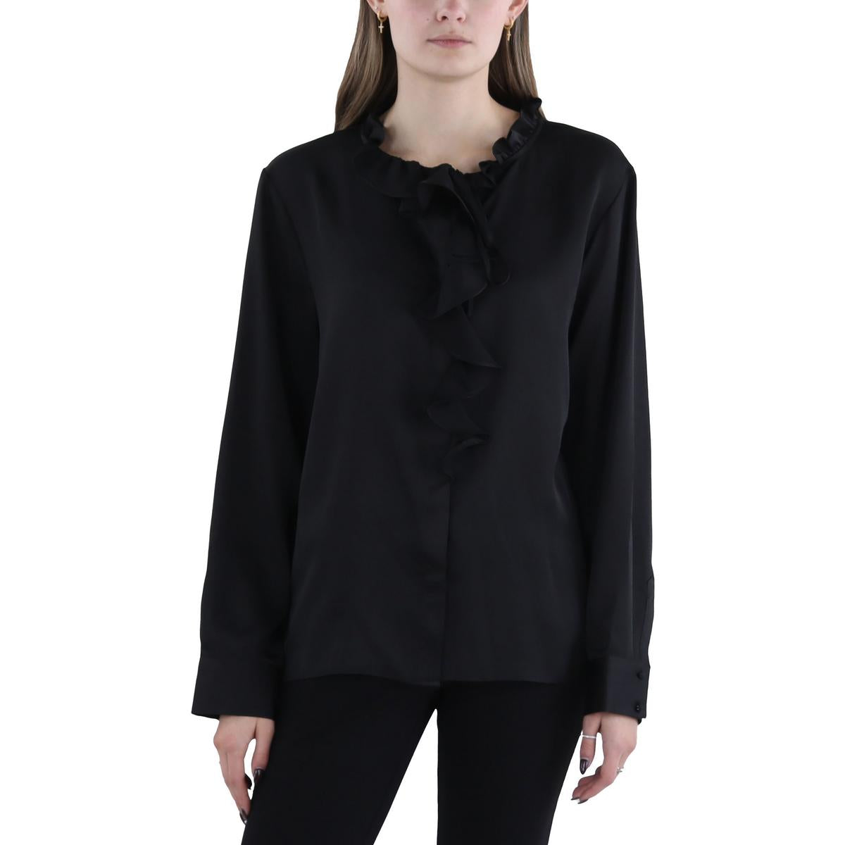 Womens Ruffled Tie Neck Button-Down Top