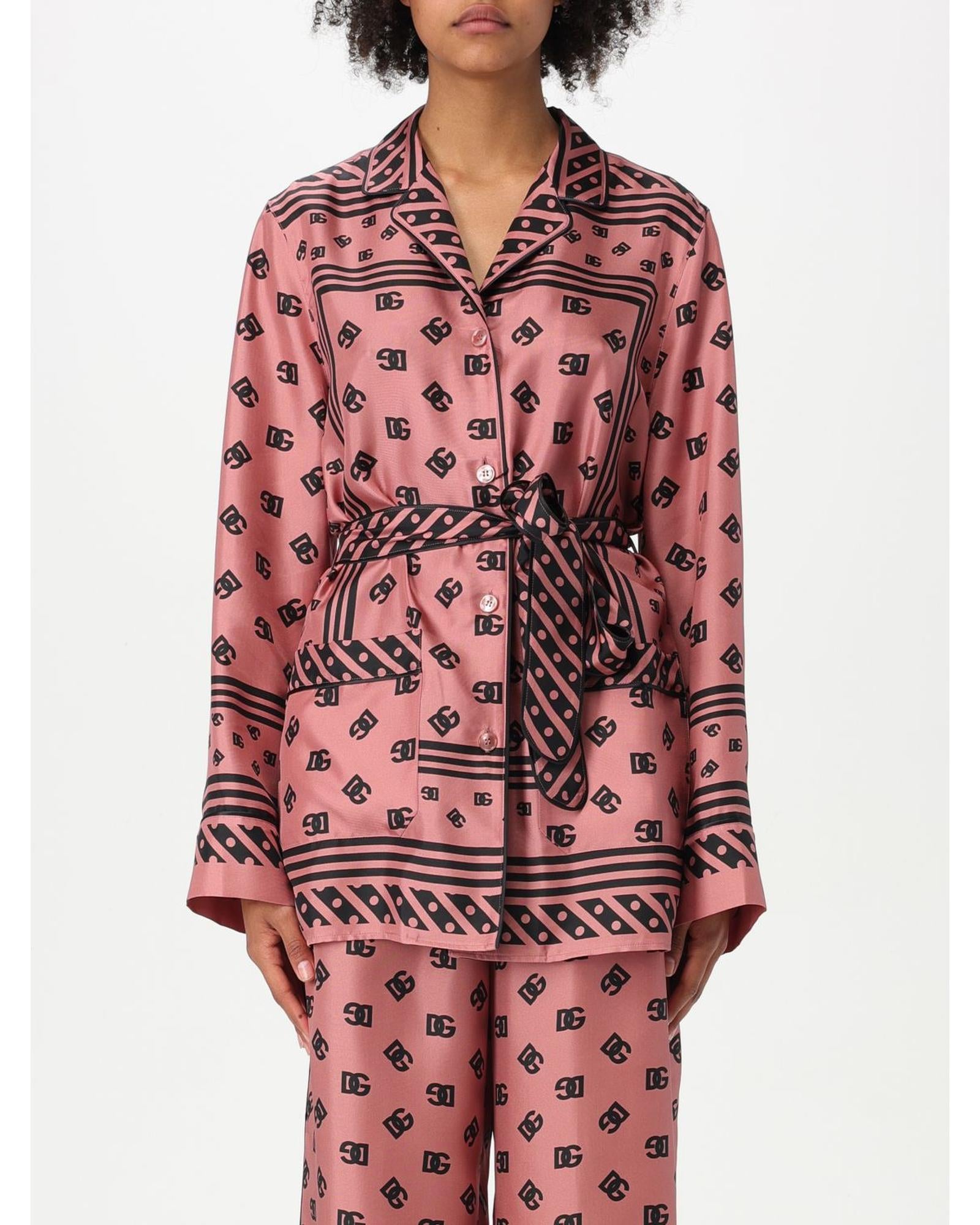 Dolce & Gabbana Silk Pajama Set with Logo Print Women Pink Shirts & Tops