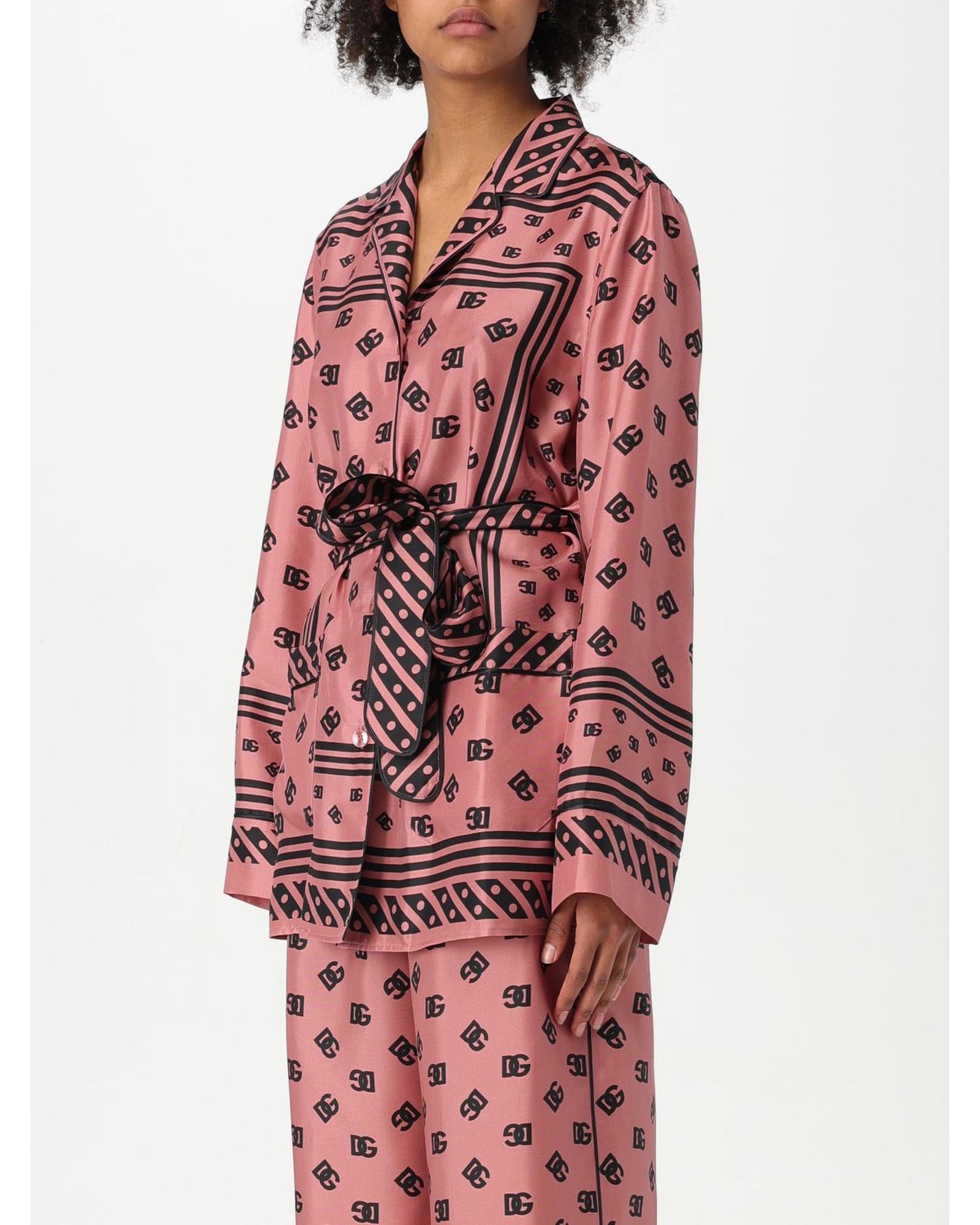 Dolce & Gabbana Silk Pajama Set with Logo Print Women Pink Shirts & Tops