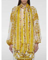 Dolce & Gabbana Baroque Print Tie Neck Silk Blouse Women Yellow Shirts & Tops
