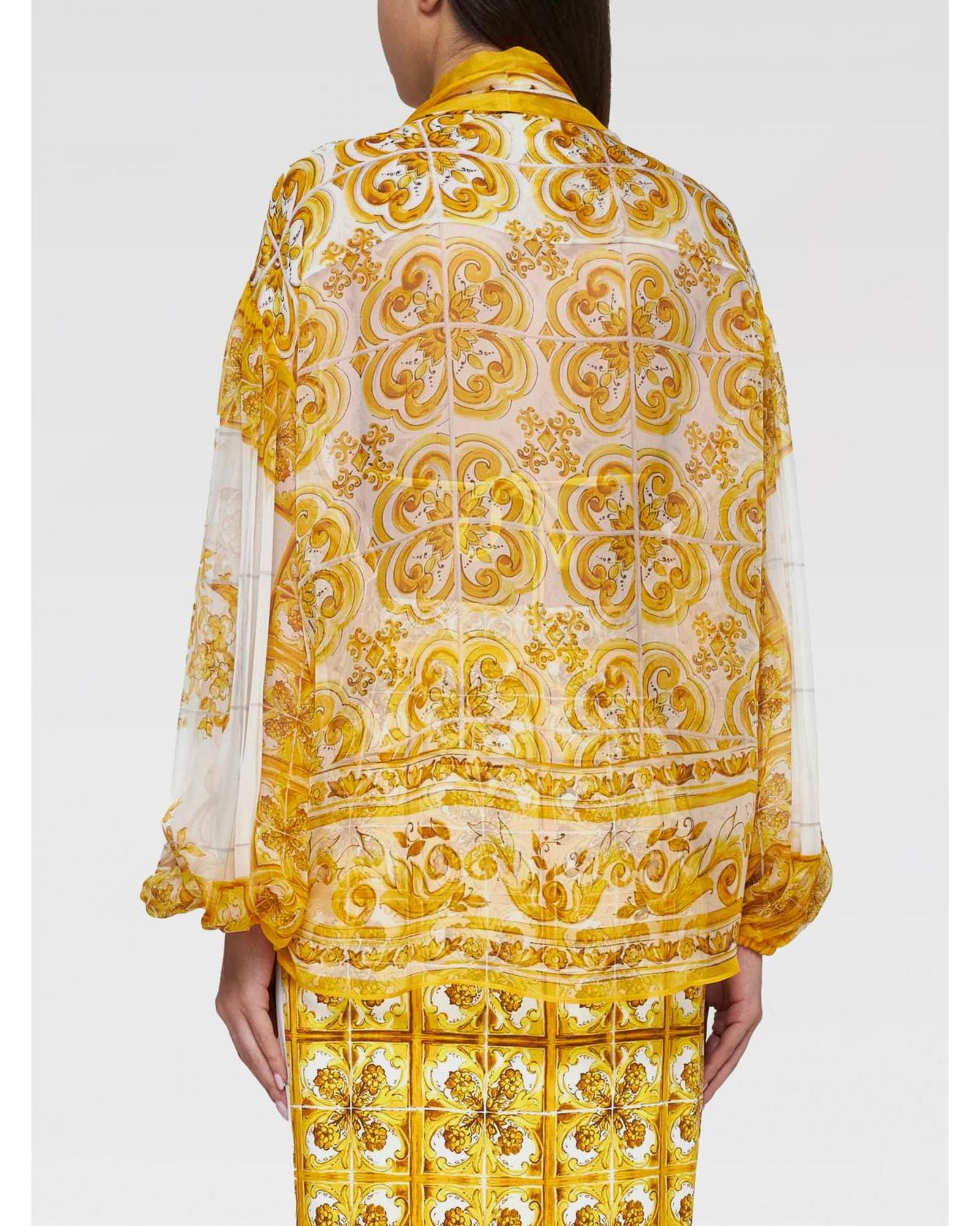 Dolce & Gabbana Baroque Print Tie Neck Silk Blouse Women Yellow Shirts & Tops
