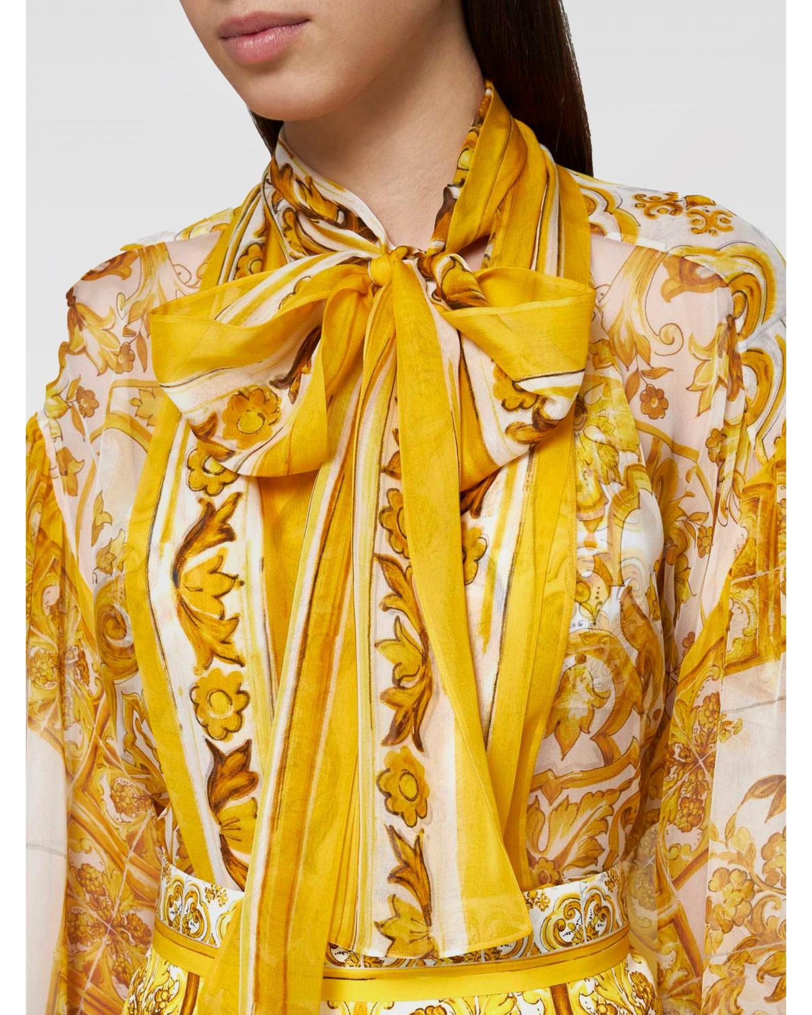 Dolce & Gabbana Baroque Print Tie Neck Silk Blouse Women Yellow Shirts & Tops