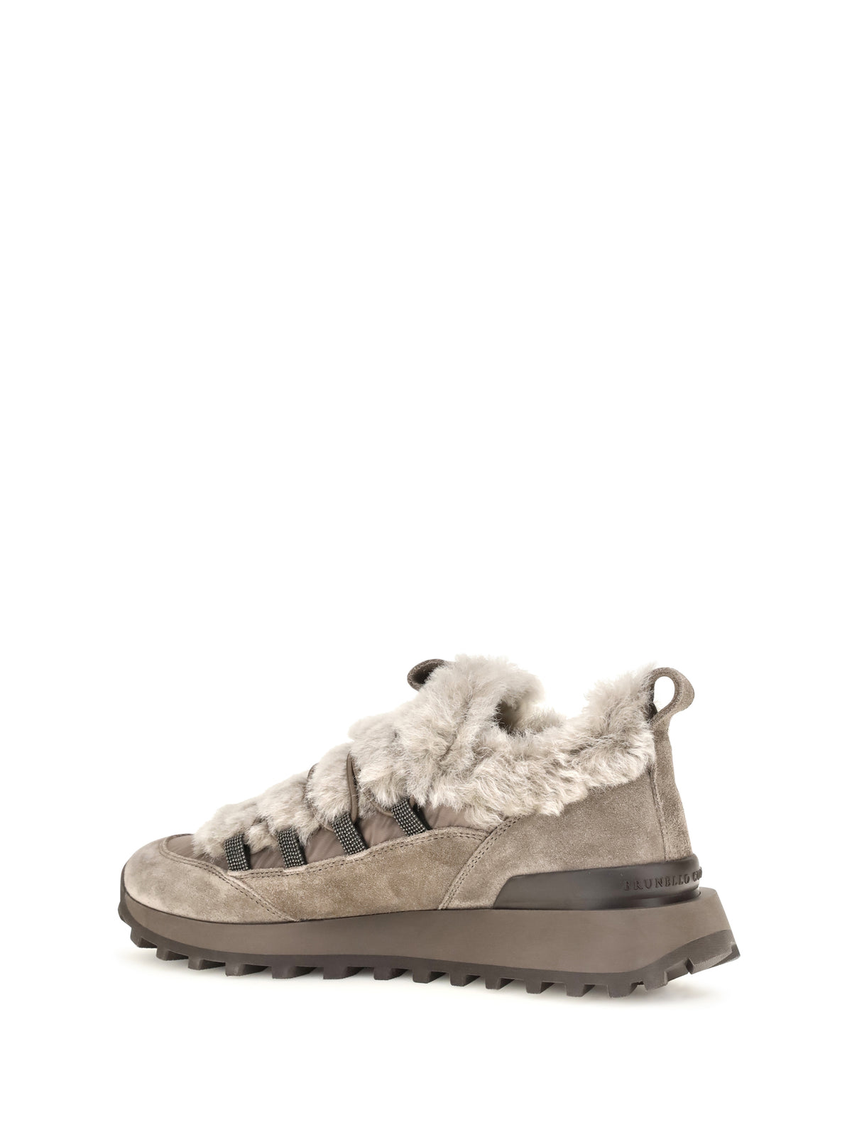 Brunello Cucinelli Women Suede And Tech Cotton Sneakers With Shearling Lining And Monili Detail