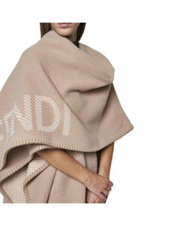 Fendi Poncho Logo Detail Wool Cape Women Beige Ponchos
