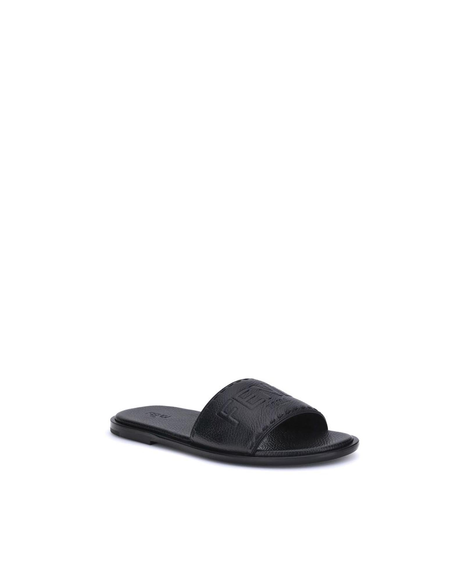 Fendi Leather Logo Slide Sandal Men Black