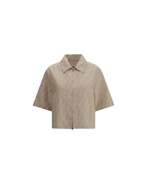 ジャケット FENDI Woman Jacket Beige FLF790ASMF F1SAZ Fendi Logo Print Short Sleeve Jacket Women Beige Jackets