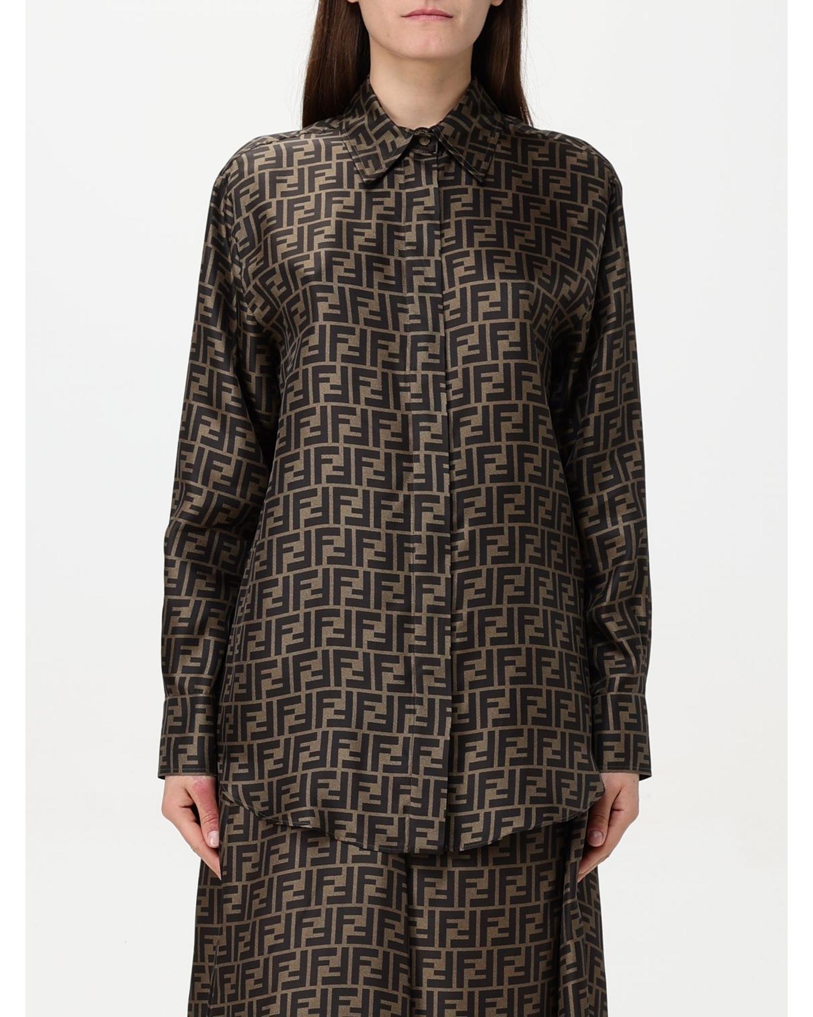 Fendi Silk Shirt FF Logo Print Women Tobacco Shirts & Tops