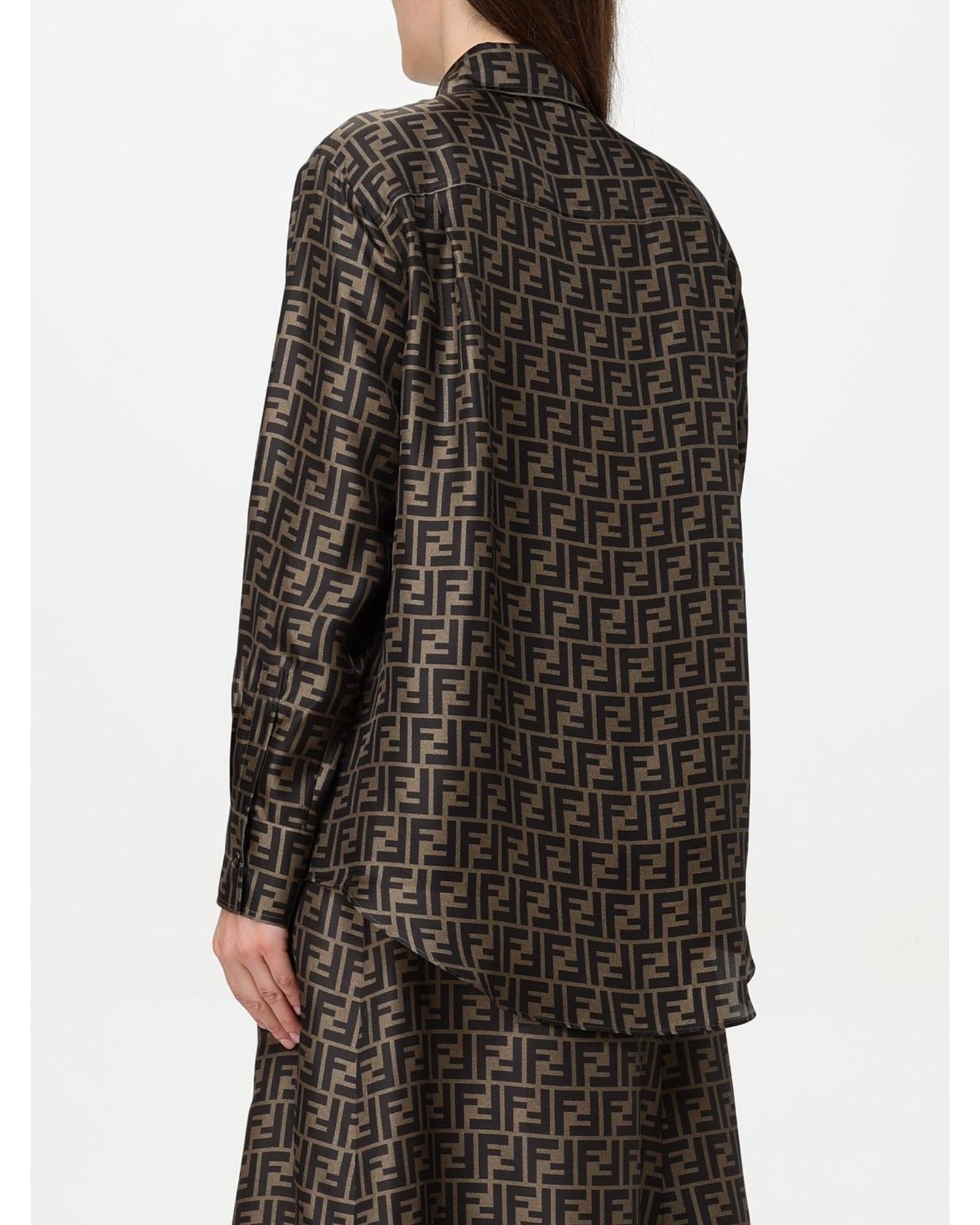 Fendi Silk Shirt FF Logo Print Women Tobacco Shirts & Tops