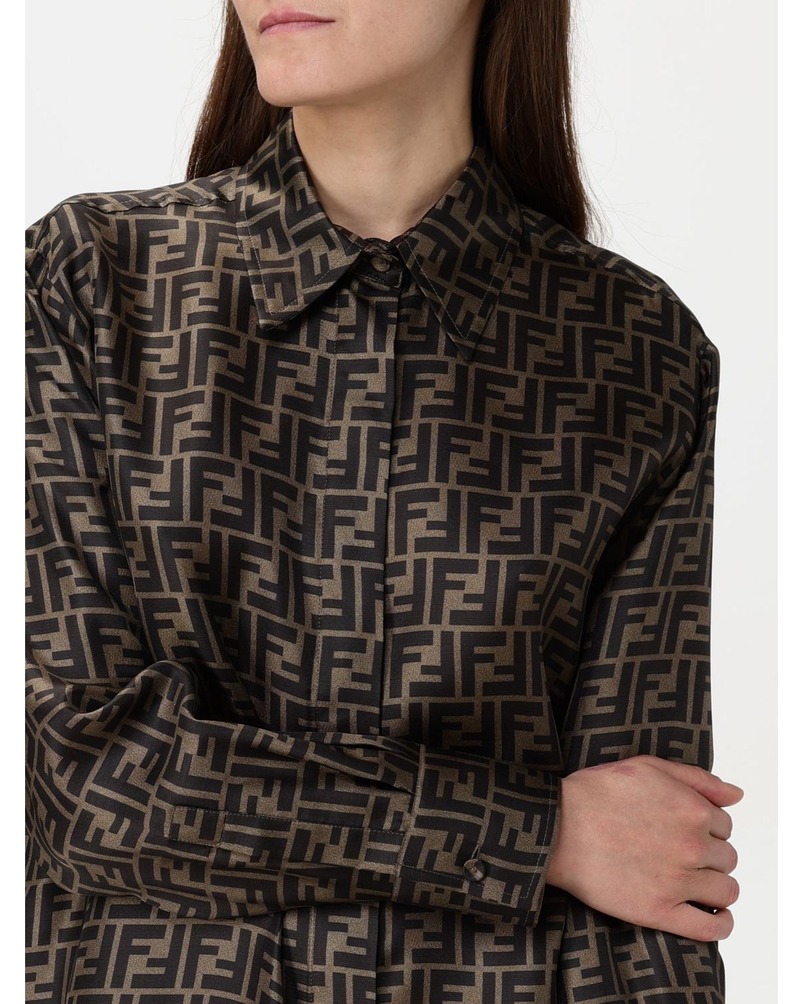 Fendi Silk Shirt FF Logo Print Women Tobacco Shirts & Tops