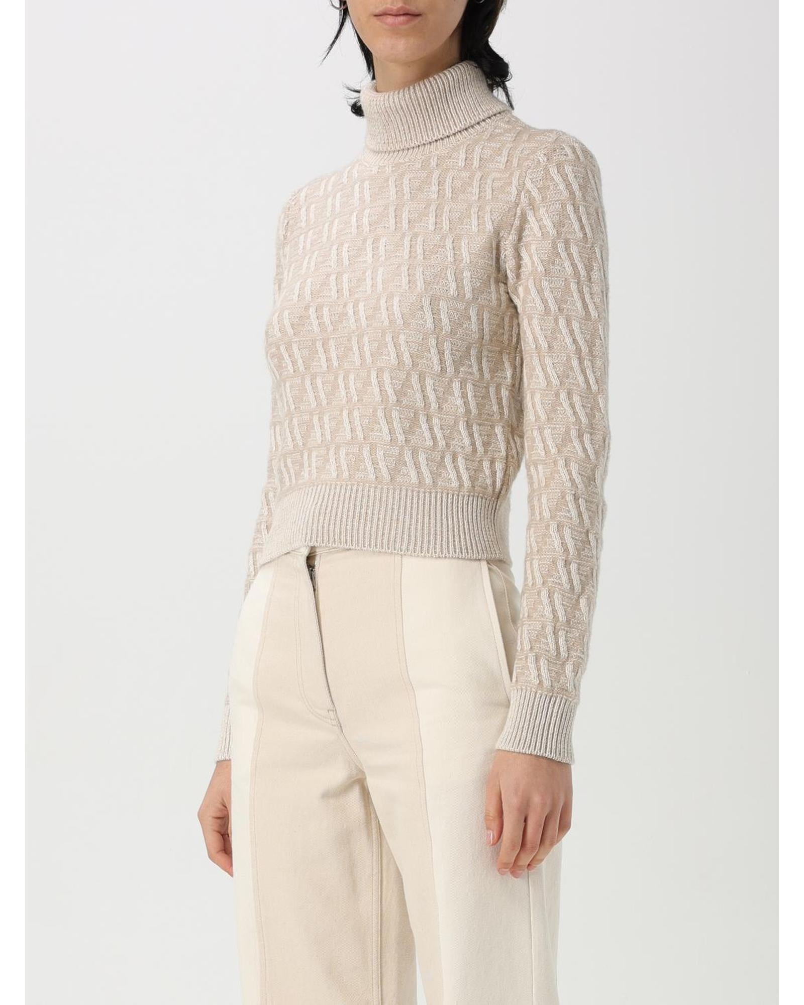 Fendi Turtleneck Knit Sweater Textured Design Women Beige
