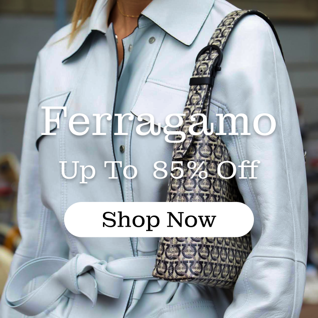ferragamo banner up to 85 percent off women in white coat with horeshoe patterned purse