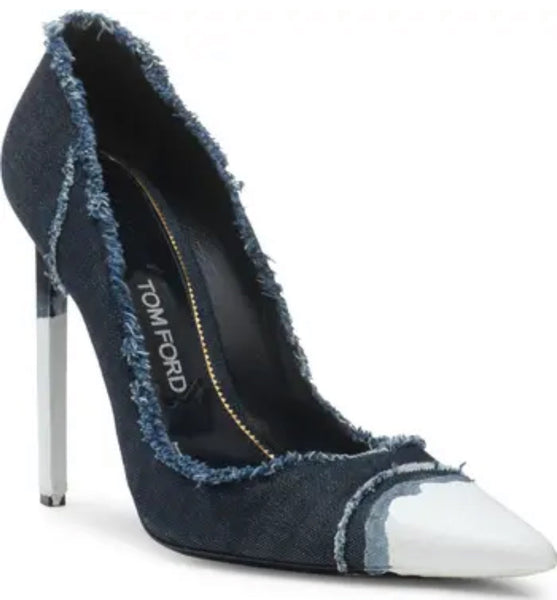 Tom Ford Blue Frayed Denim Pointed-Toe Pumps with White Cap – Bluefly