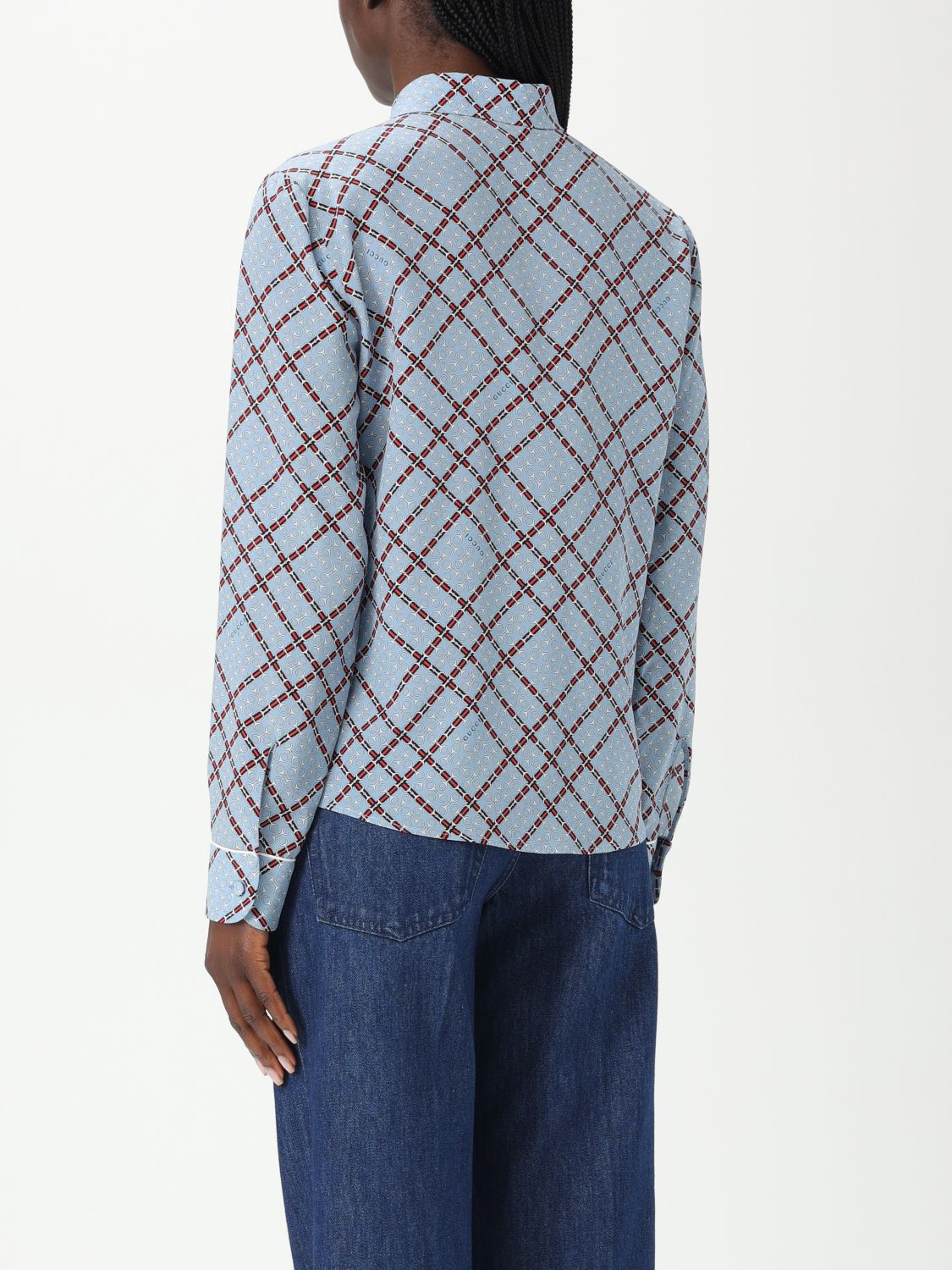 Gucci Printed Silk Blouse Long Sleeves Women Blue Shirts & Tops